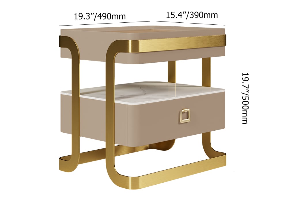HMR - Modern Tempered Glass Nightstand with Sintered Stone Shelf Bedside Table with Drawer