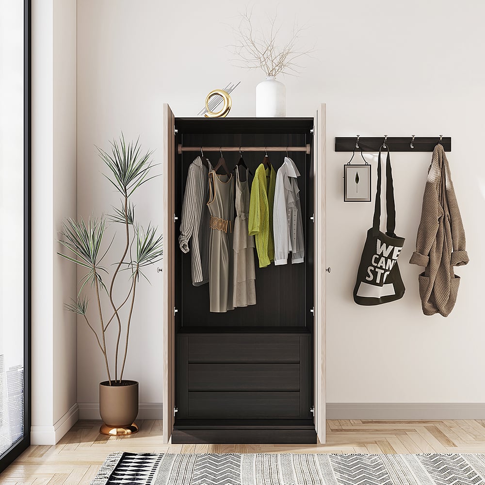 HMR - Japandi Washed White Wardrobe Closet Oak Veneer Armoire with 3 Drawers & Graphical Doors