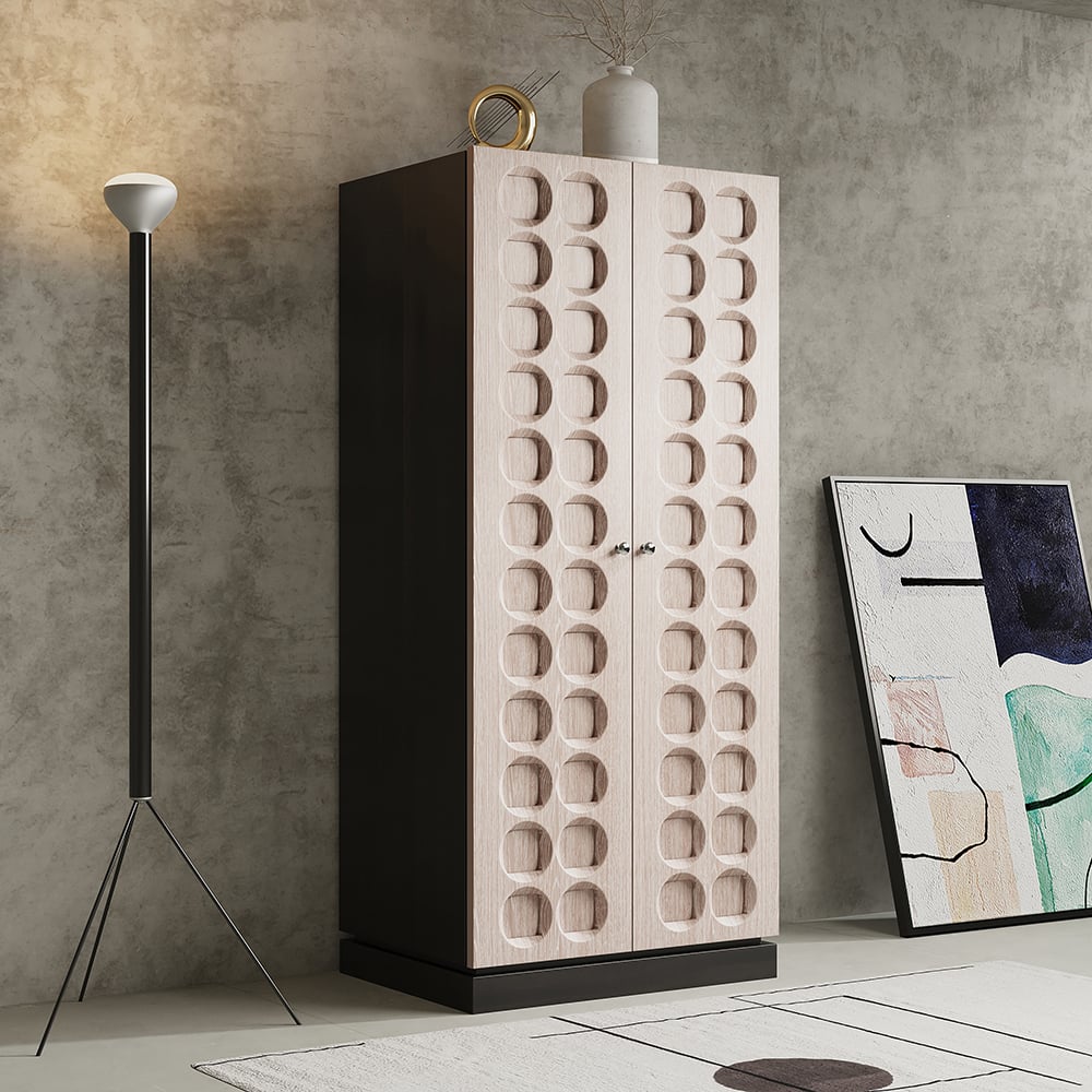 HMR - Japandi Washed White Wardrobe Closet Oak Veneer Armoire with 3 Drawers & Graphical Doors