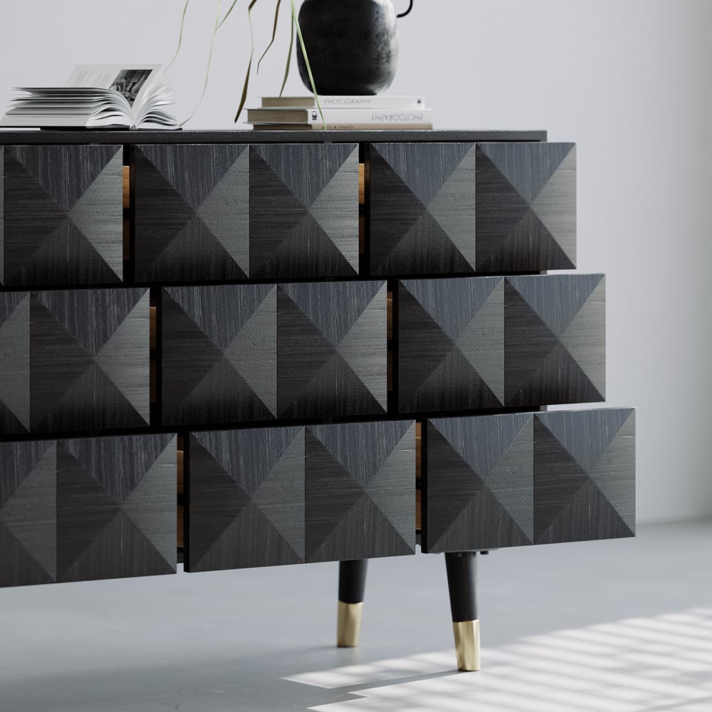 HMR - 49"W Mid Century Modern Black Dresser Chest of 9 Drawers Storage Cabinet
