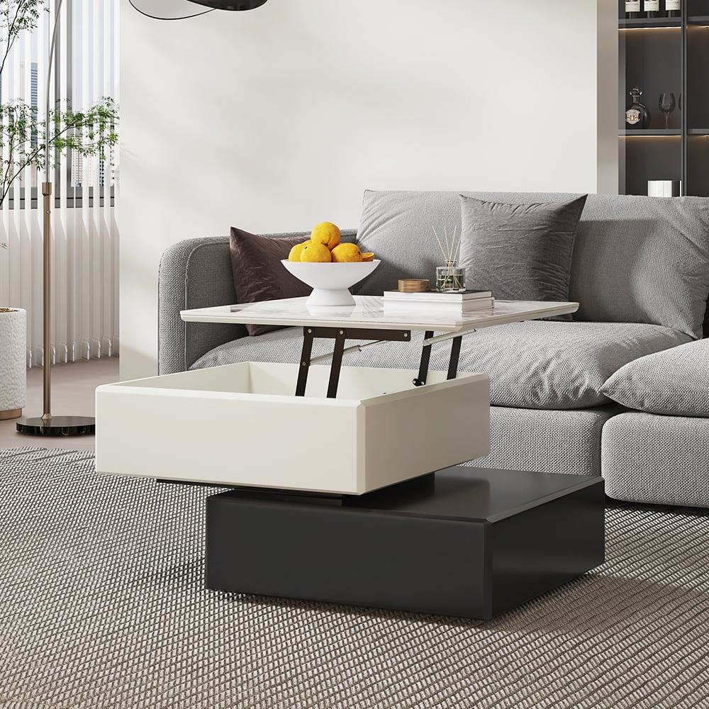 HMR - Modern Black & Khaki Lift Top Small Square Sintered Stone Coffee Table with Storage