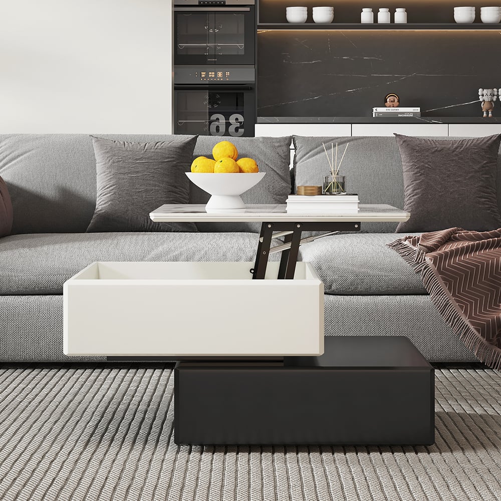 HMR - Modern Black & Khaki Lift Top Small Square Sintered Stone Coffee Table with Storage