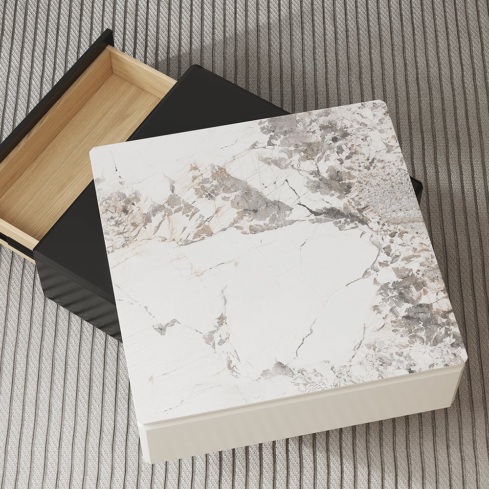 HMR - Modern Black & Khaki Lift Top Small Square Sintered Stone Coffee Table with Storage