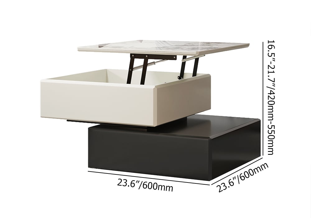 HMR - Modern Black & Khaki Lift Top Small Square Sintered Stone Coffee Table with Storage