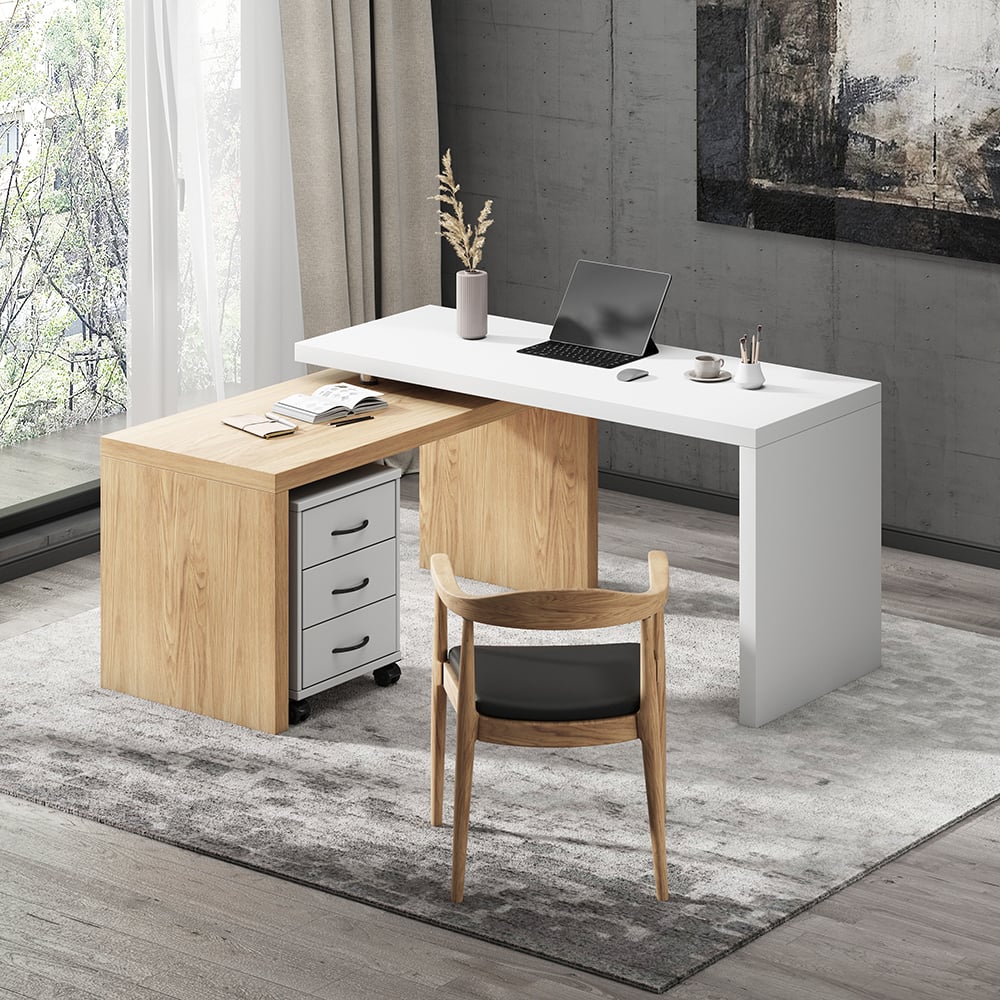 HMR - Modern Swivel Desk & Home Office Chair Set L-Shaped Rotating Desk Adjustable