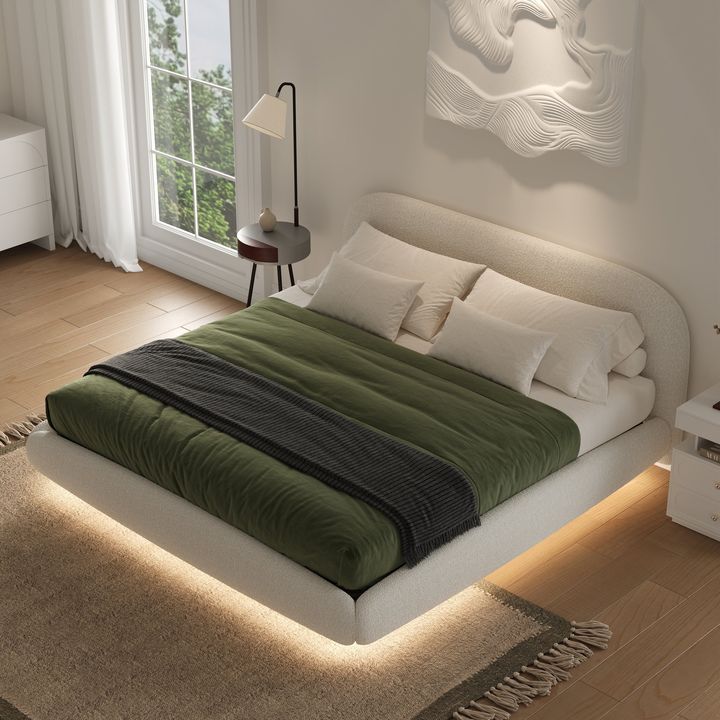 HMR - King Size Boucle Upholstered Floating Bed Frame with Light