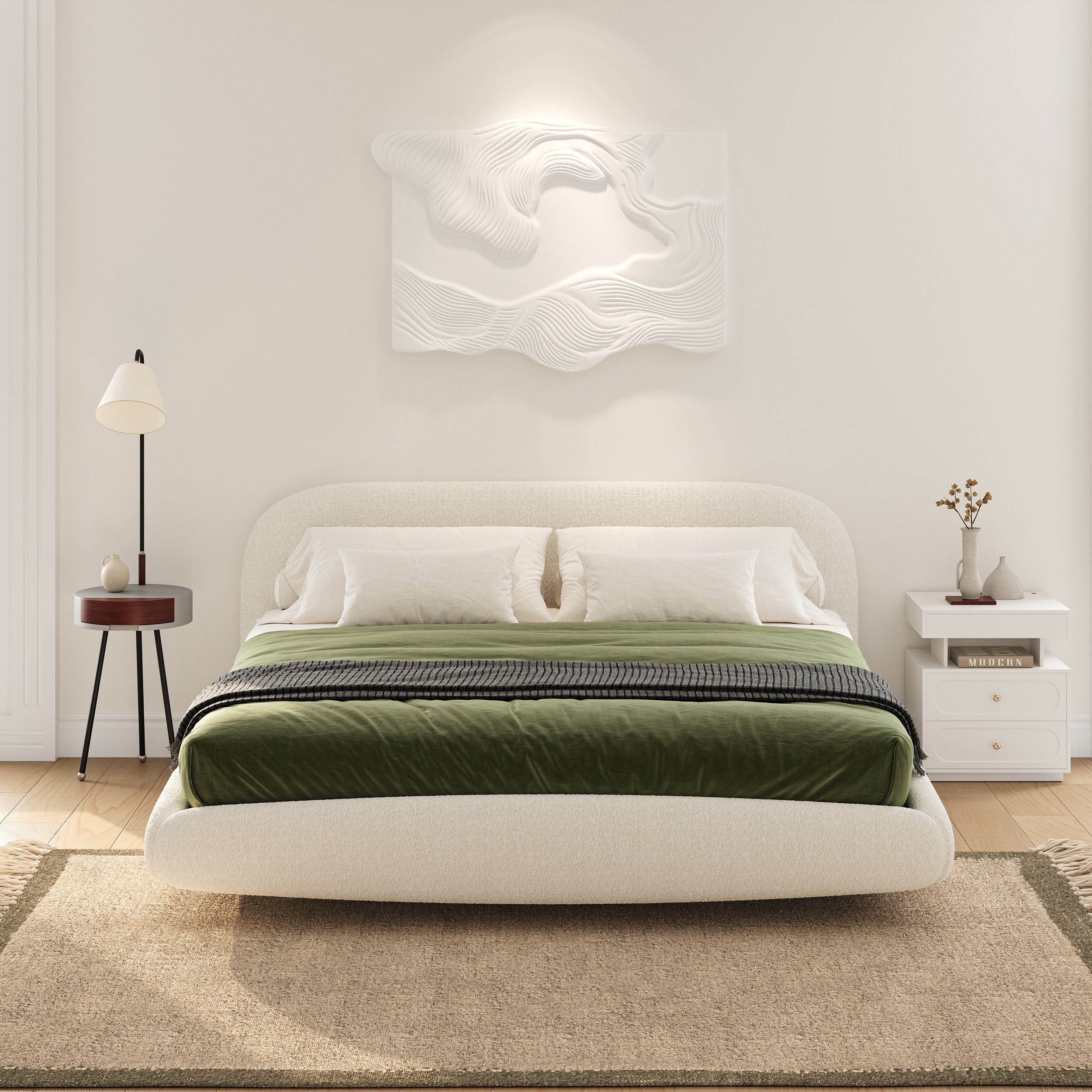 HMR - King Size Boucle Upholstered Floating Bed Frame with Light