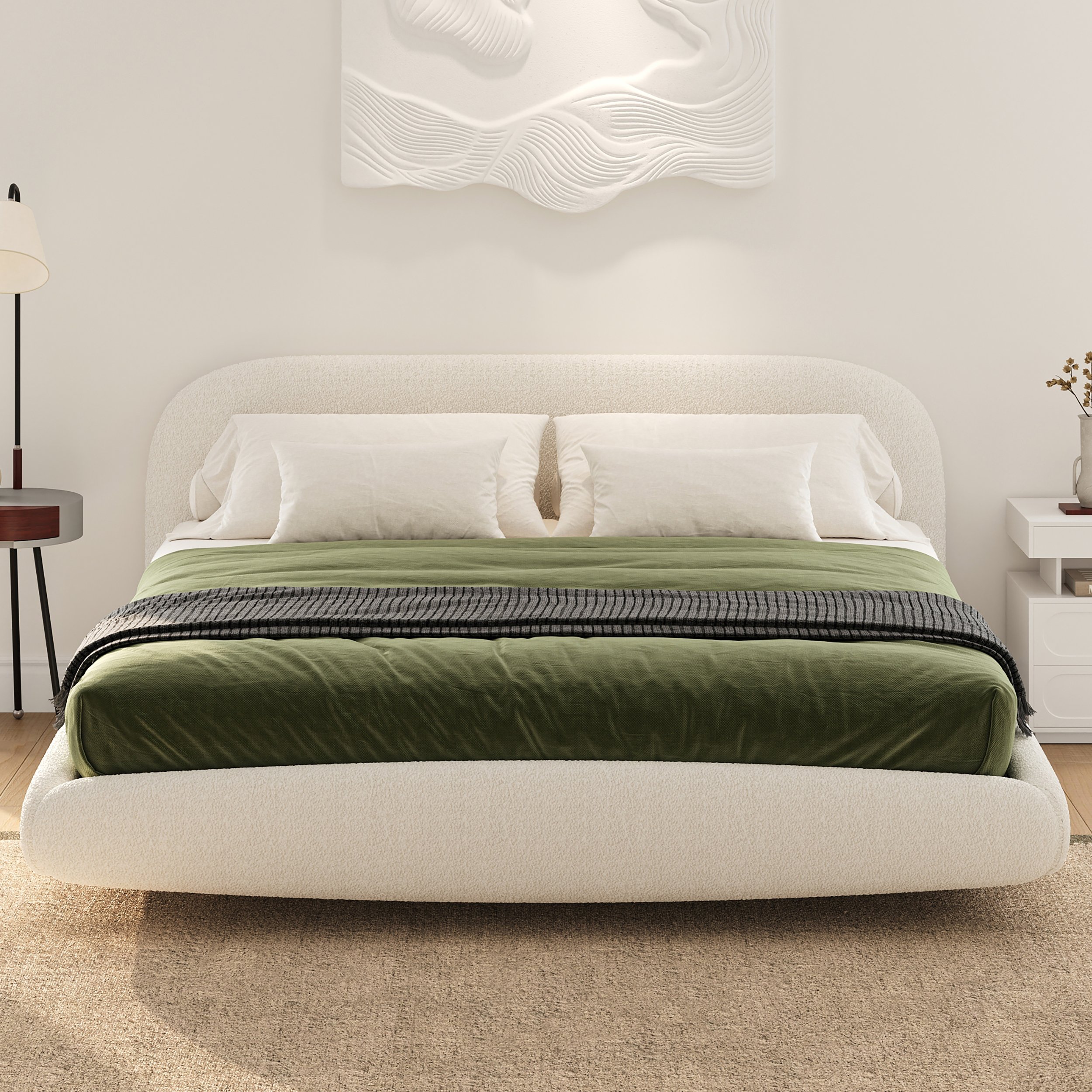 HMR - King Size Boucle Upholstered Floating Bed Frame with Light
