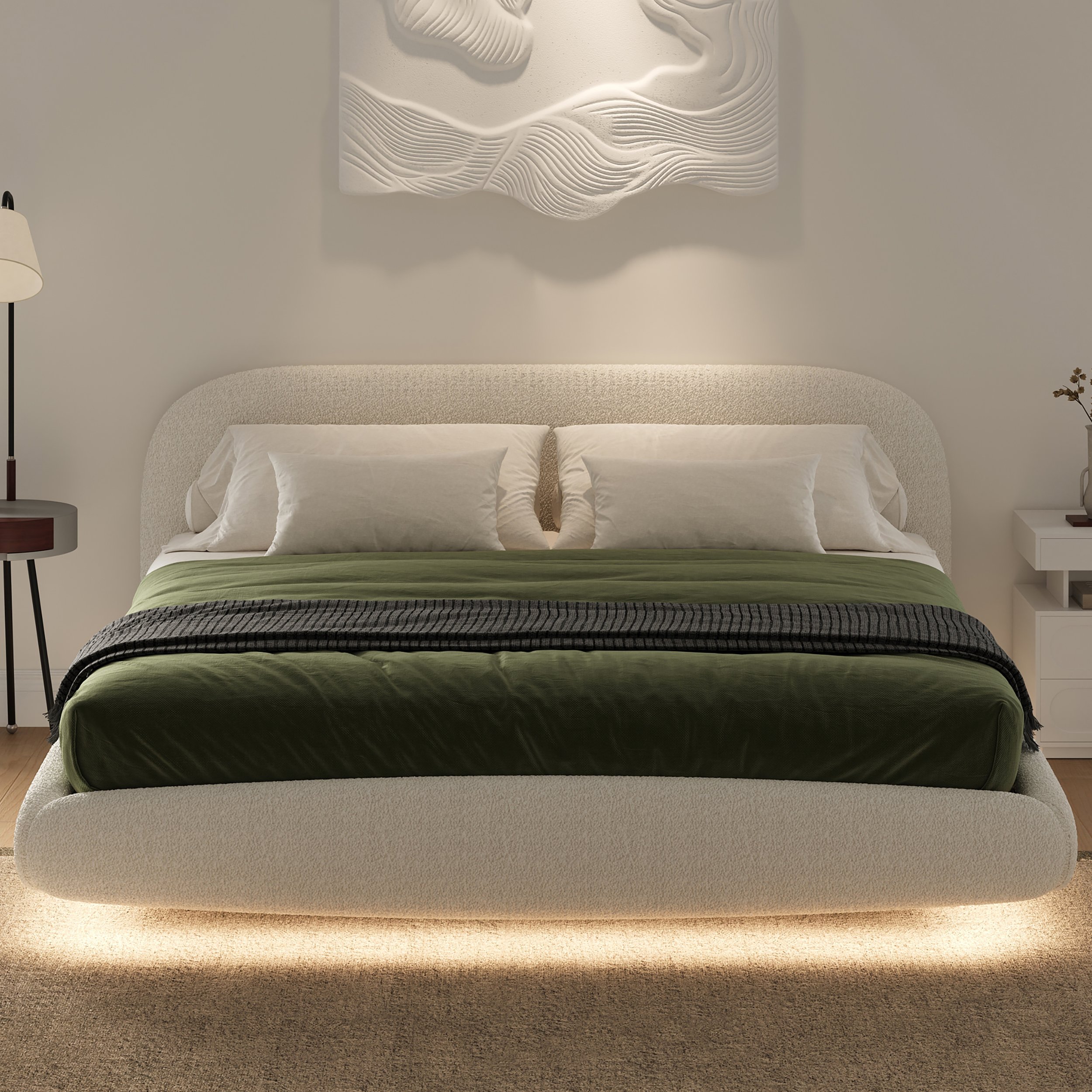 HMR - King Size Boucle Upholstered Floating Bed Frame with Light