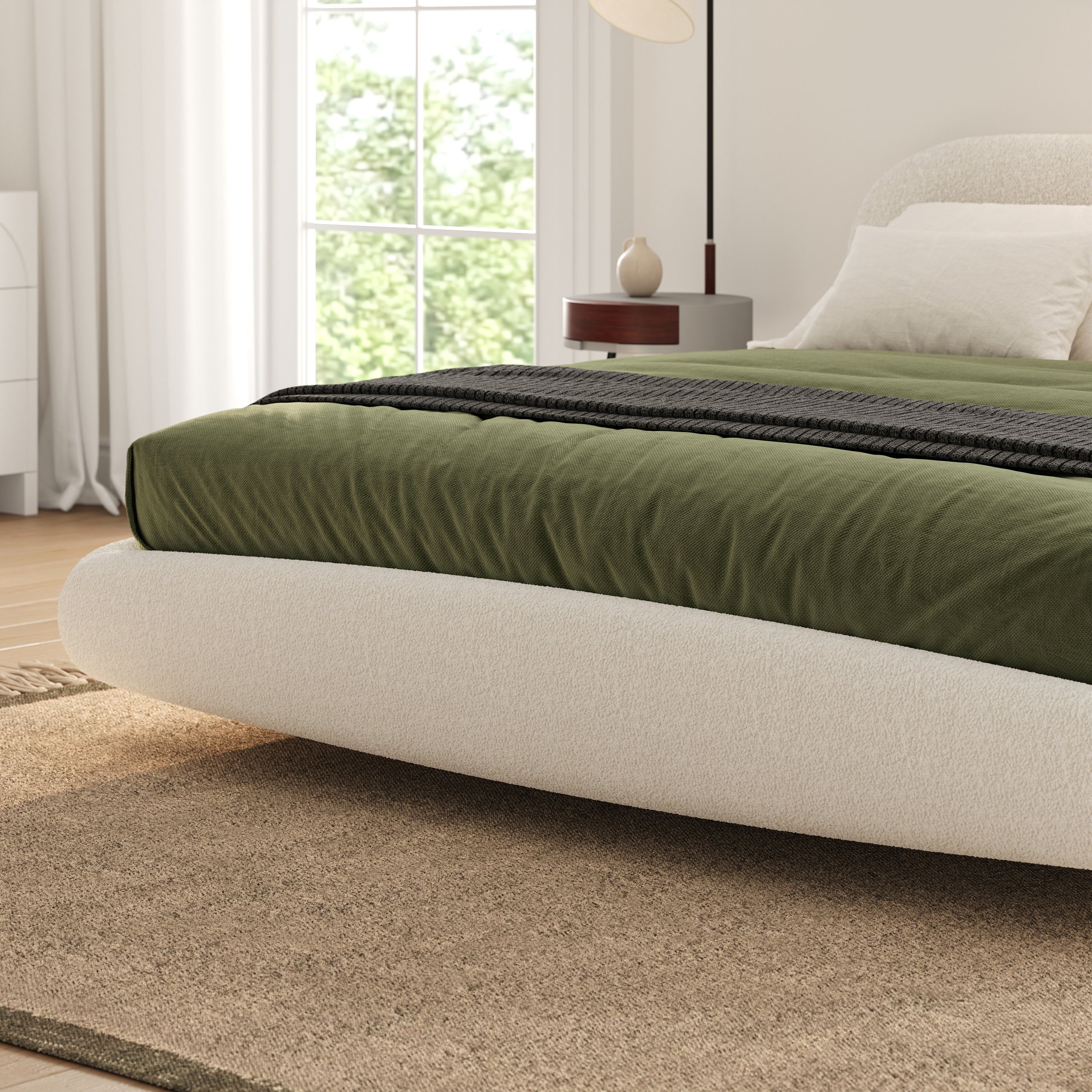 HMR - King Size Boucle Upholstered Floating Bed Frame with Light