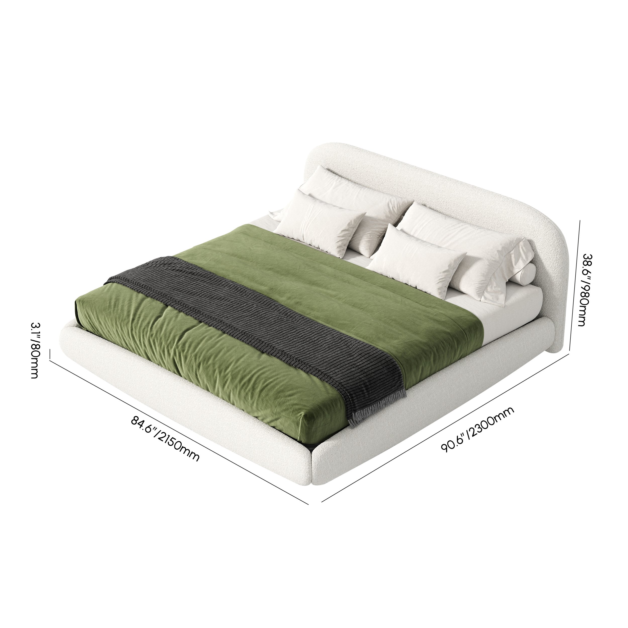 HMR - King Size Boucle Upholstered Floating Bed Frame with Light