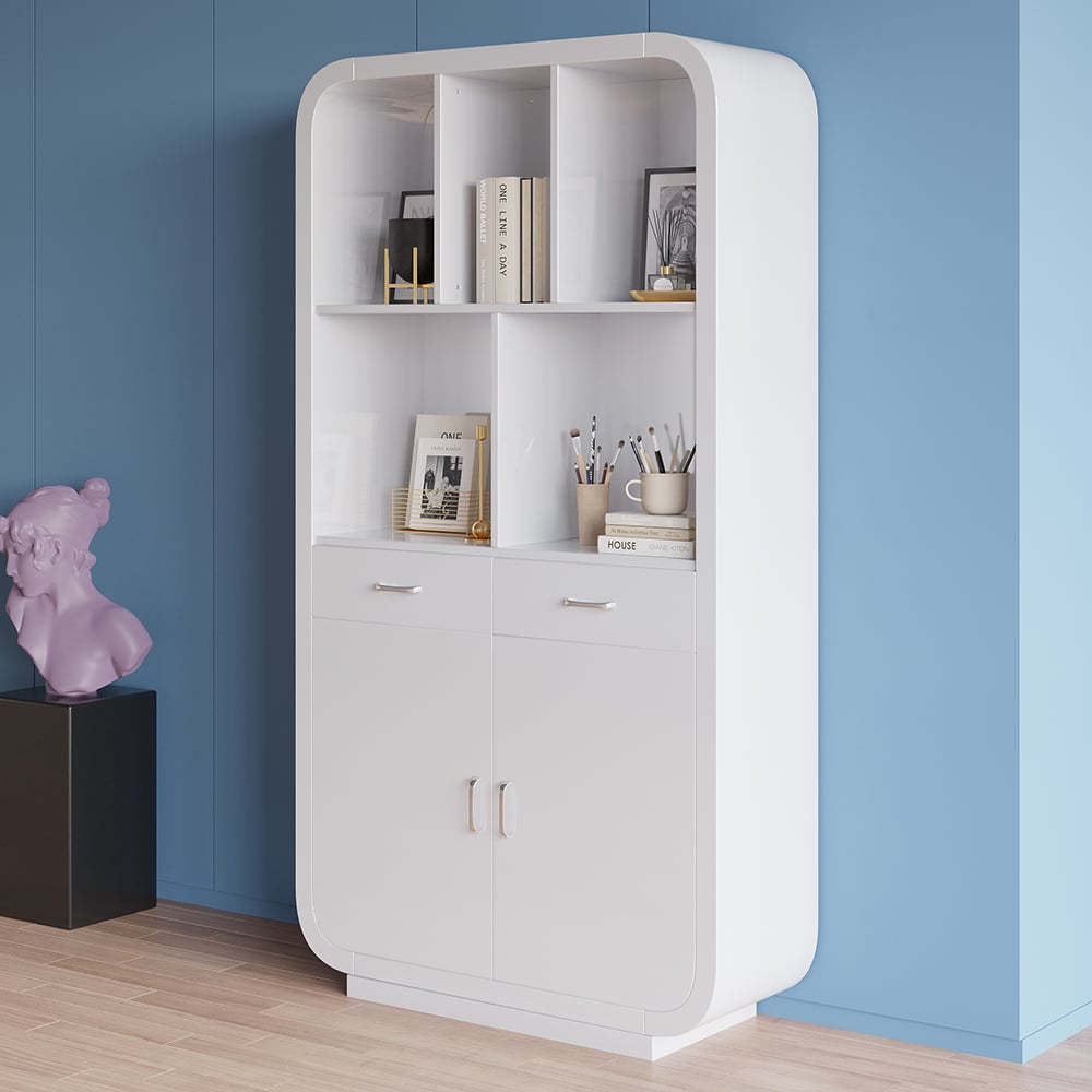 HMR - 79.1" White Bookcase with Doors Modern Etagere Bookcase with Drawers