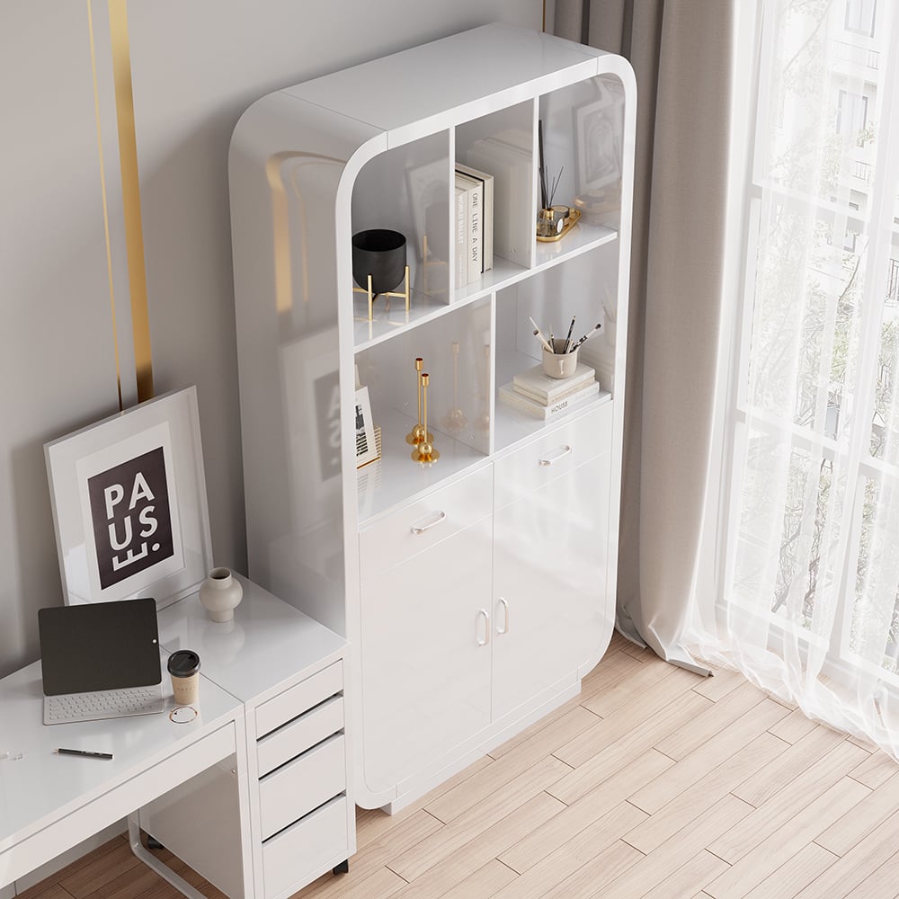 HMR - 79.1" White Bookcase with Doors Modern Etagere Bookcase with Drawers