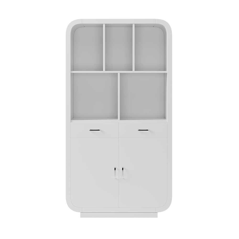 HMR - 79.1" White Bookcase with Doors Modern Etagere Bookcase with Drawers