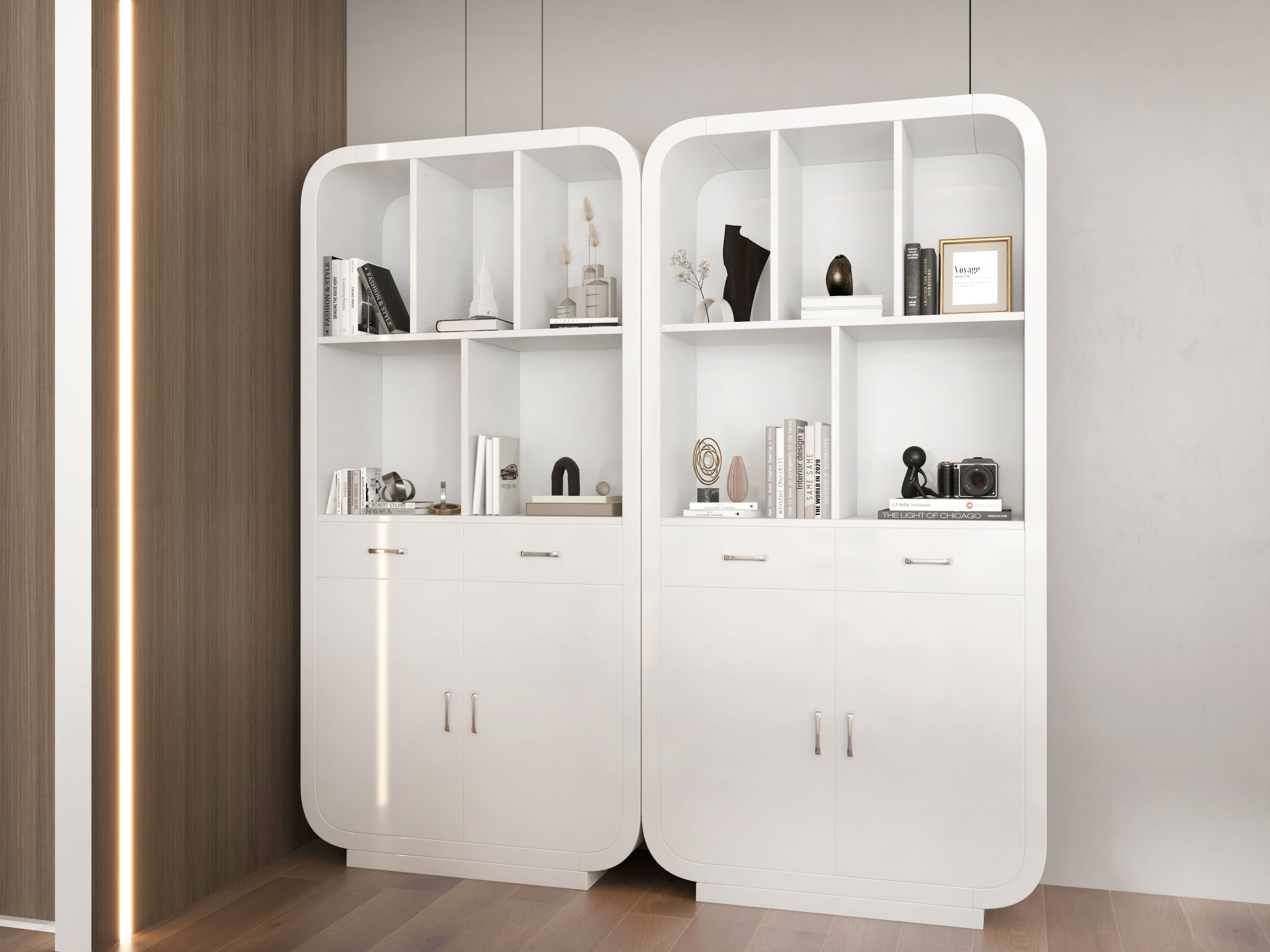 HMR - 79.1" White Bookcase with Doors Modern Etagere Bookcase with Drawers