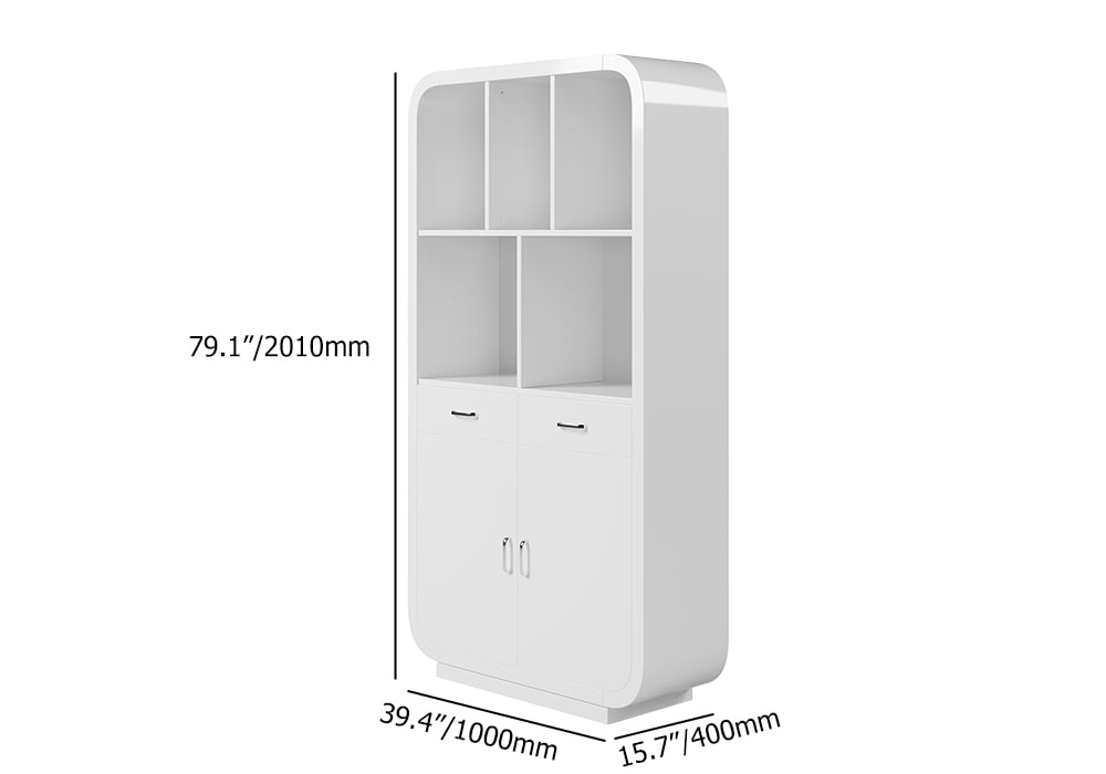 HMR - 79.1" White Bookcase with Doors Modern Etagere Bookcase with Drawers