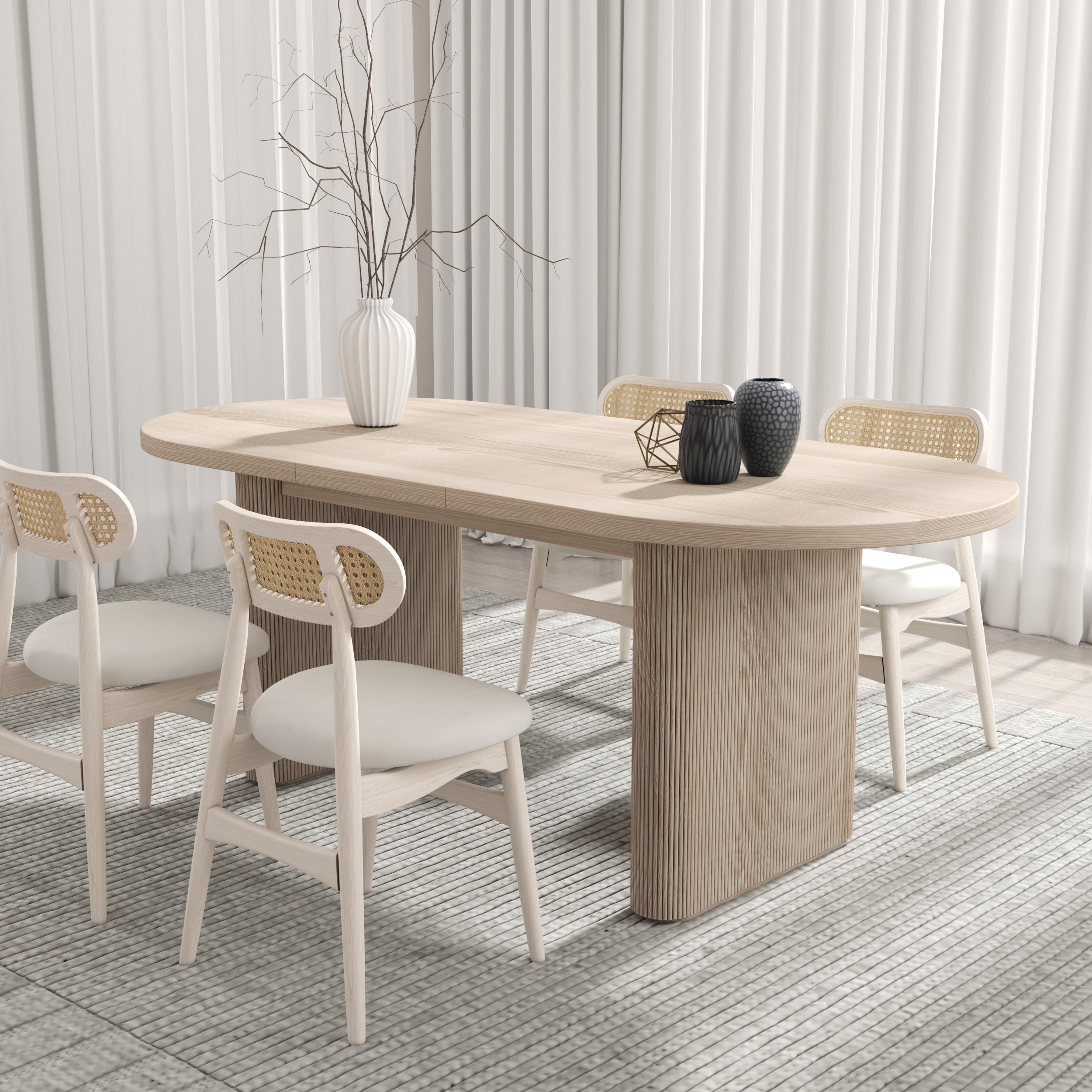 HMR Dining Set 63"-79" Japandi Oval Extendable Dining Table Whitewash with Chairs - White, With 4 Chairs, Style A