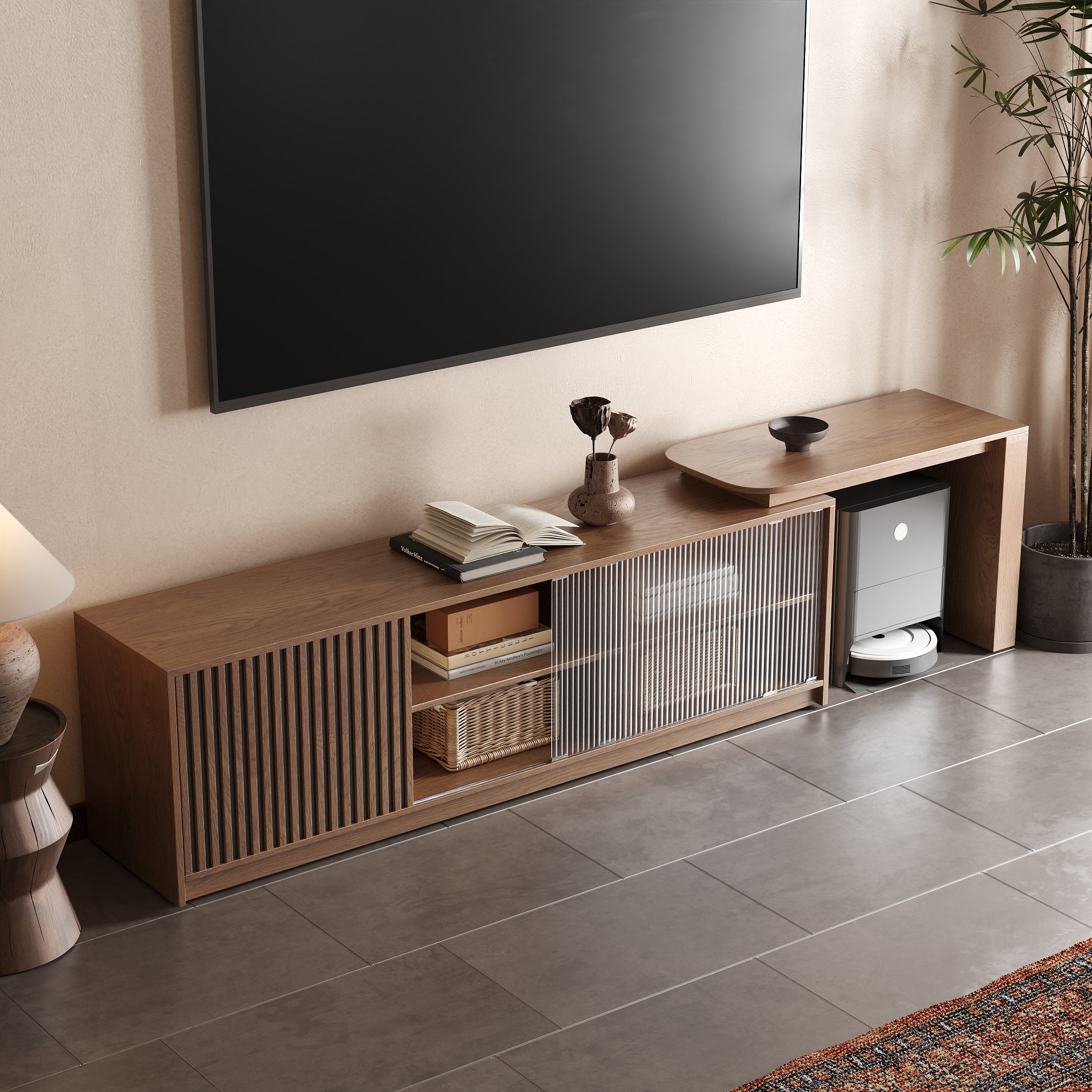 HMR - Walnut Extendable Glass Door TV Stand(65"-95")