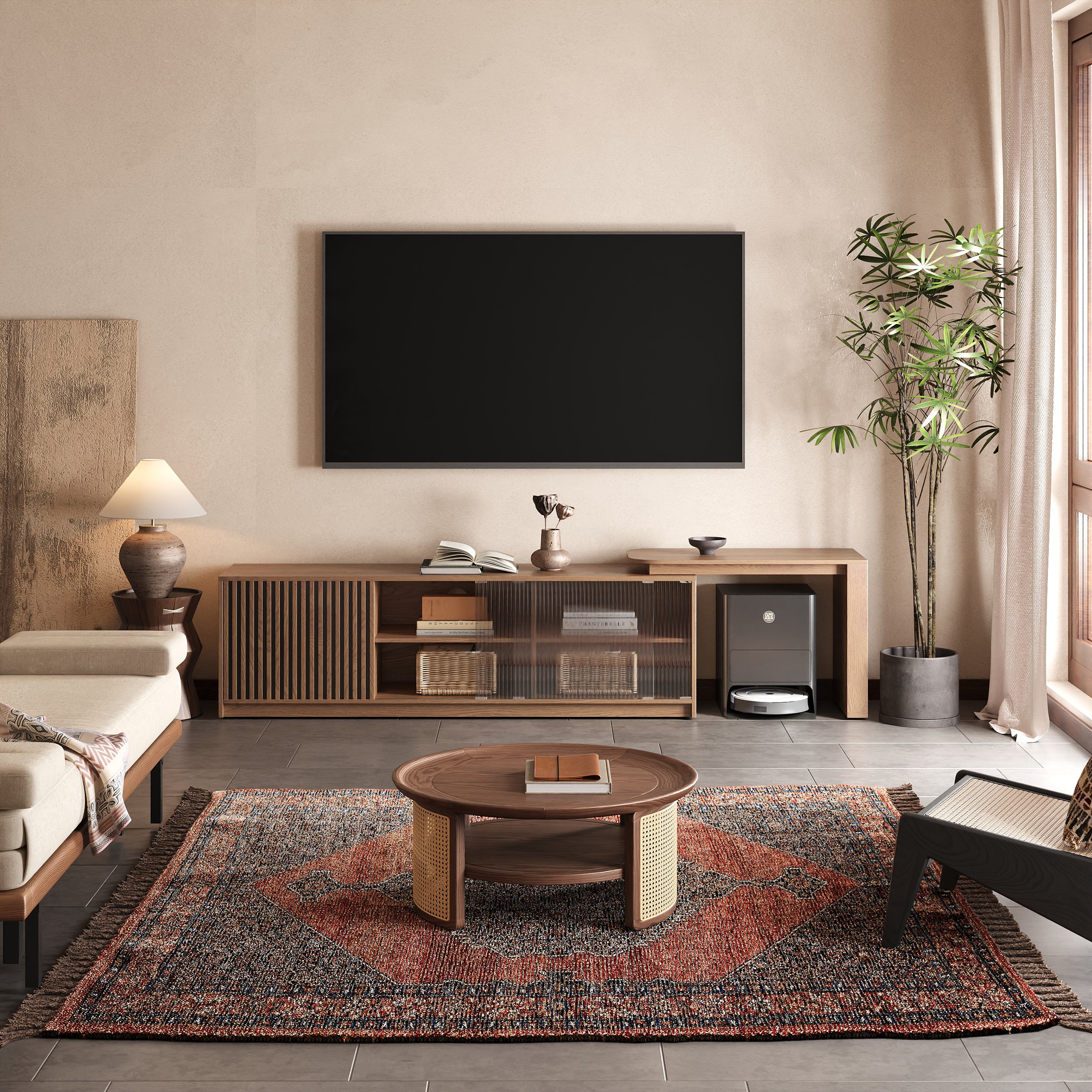HMR - Walnut Extendable Glass Door TV Stand(65"-95")