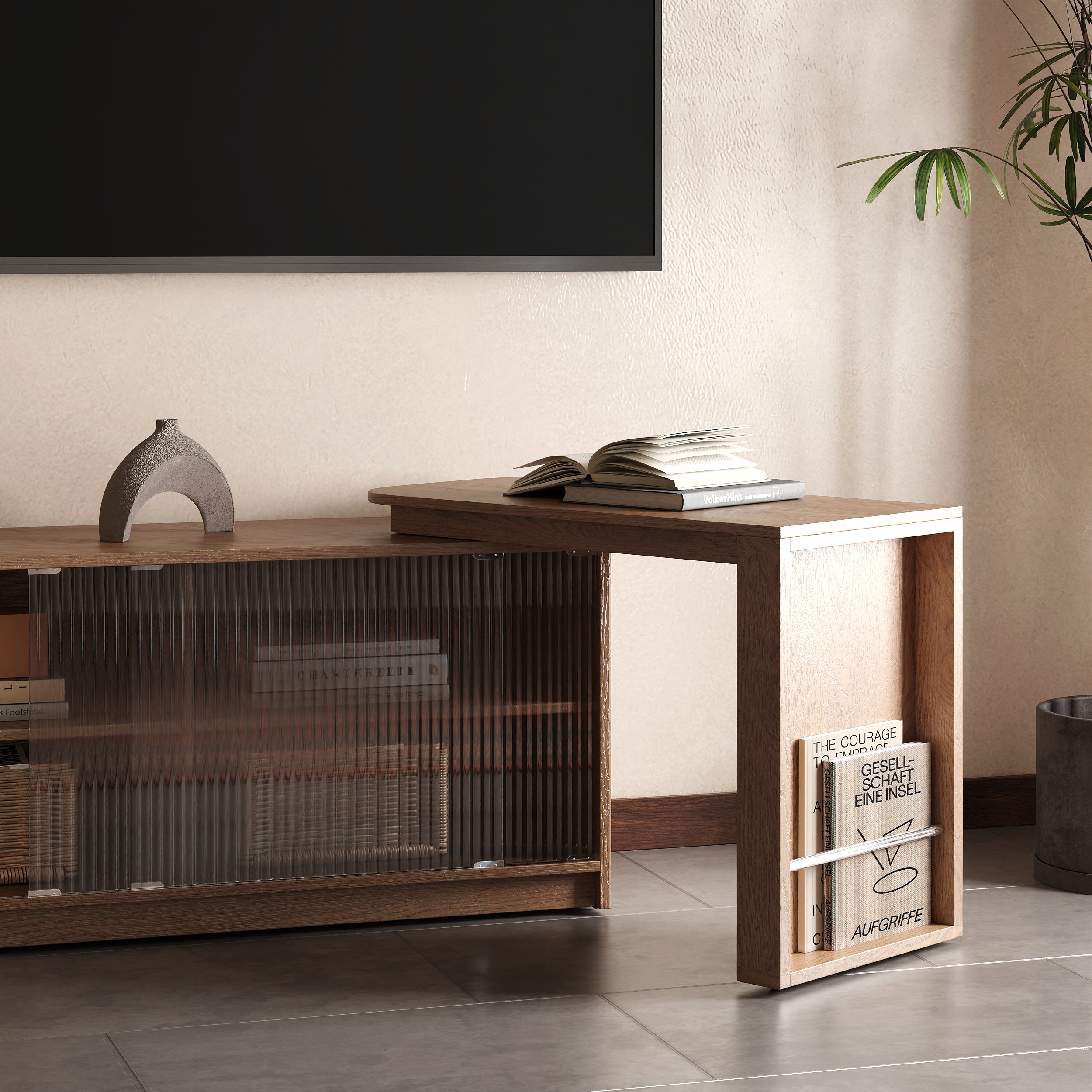 HMR - Walnut Extendable Glass Door TV Stand(65"-95")