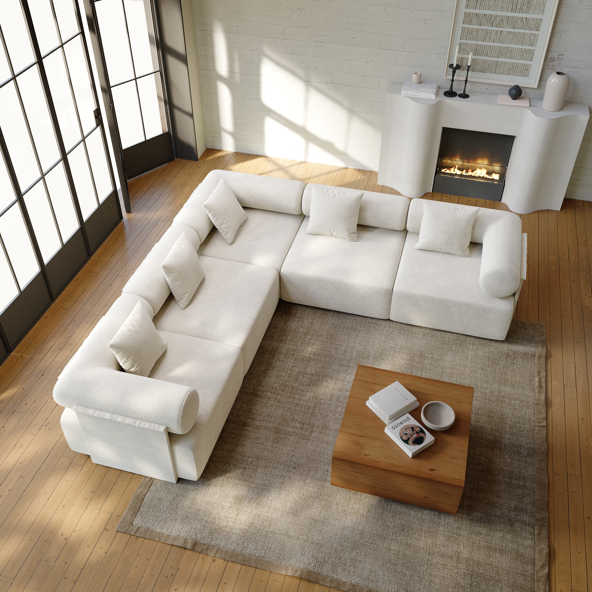 HMR - 110" 5-Piece Modular White Velvet L-Shape Sectional Sofa & Wooden Coffee Table