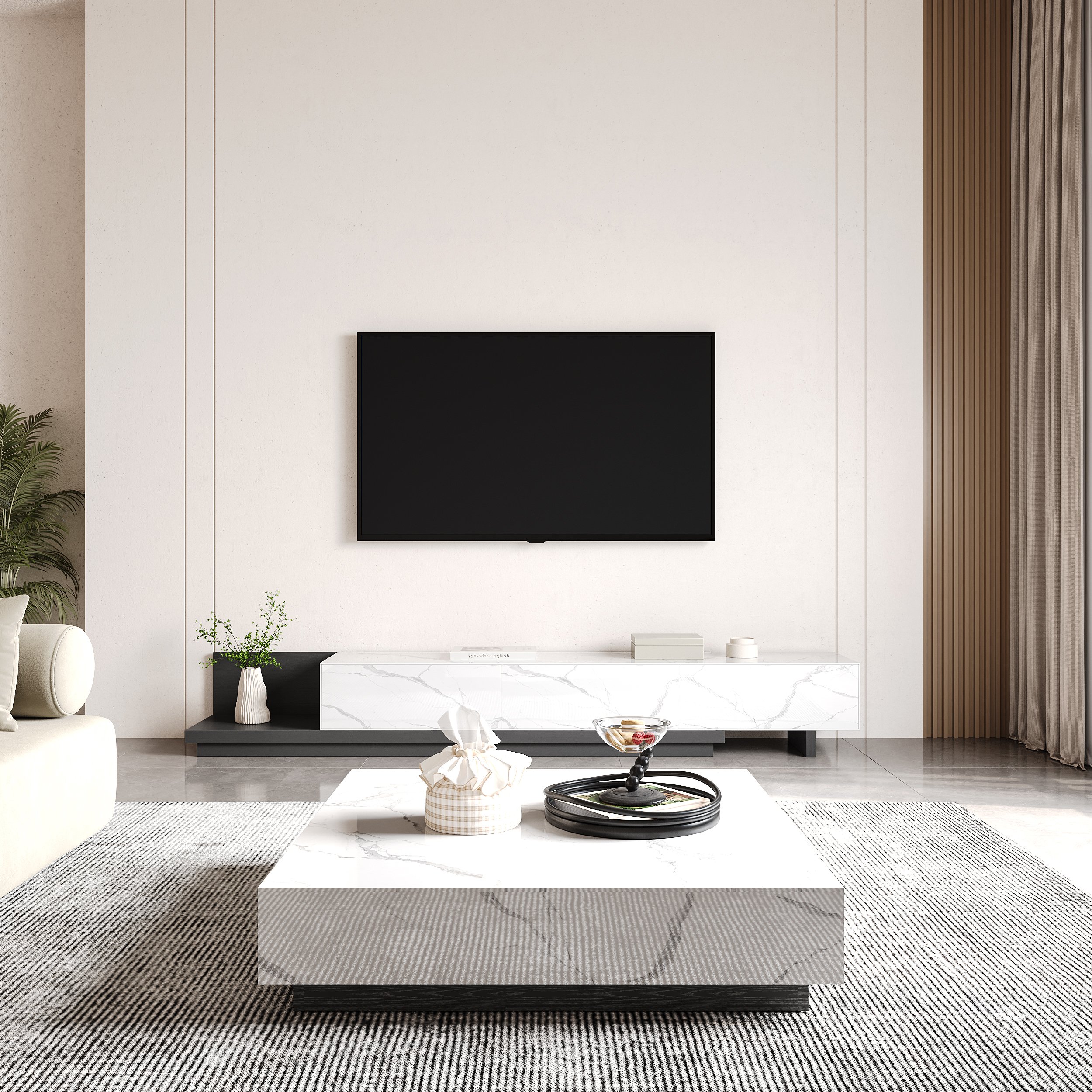 HMR Fero Extendable TV Stand with Drawers - White & Black, Sintered Stone, 79"