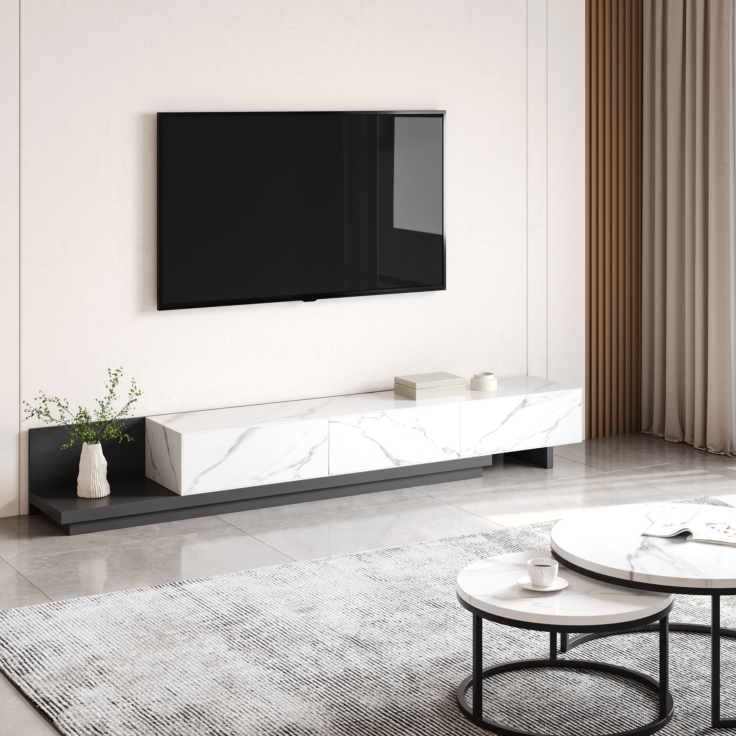 HMR Fero Extendable TV Stand with Drawers - White & Black, Sintered Stone, 79"