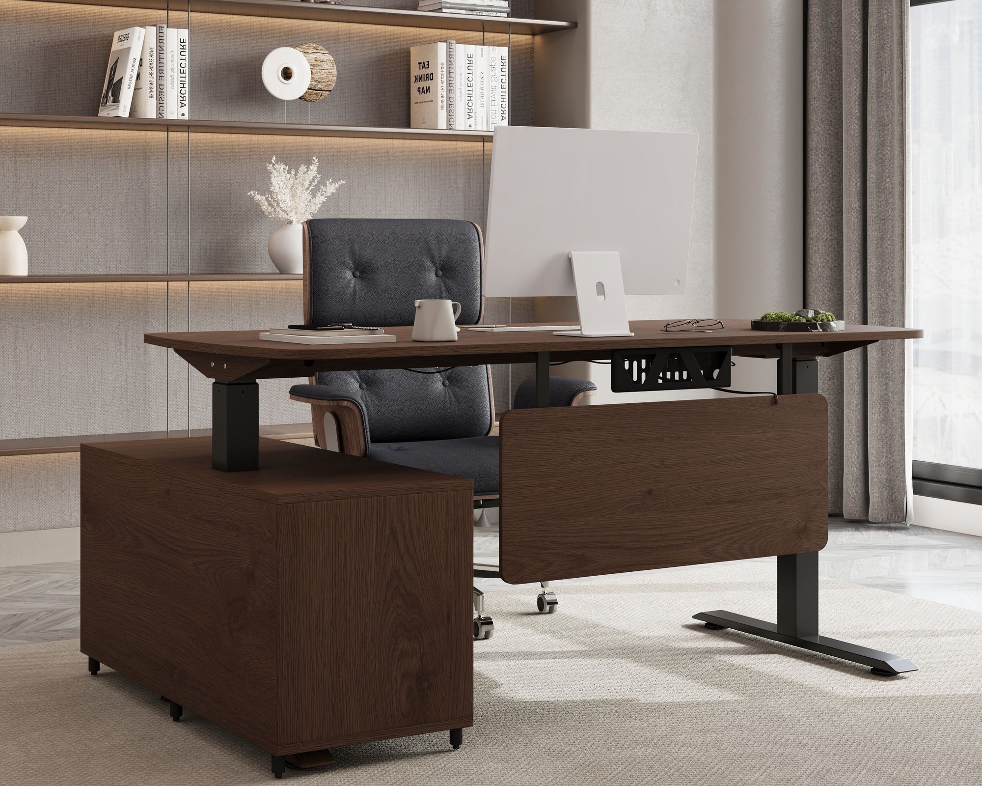 HMR Modern L Shaped Adjustable Electric Standing Executive Desk - Walnut, Right Hand