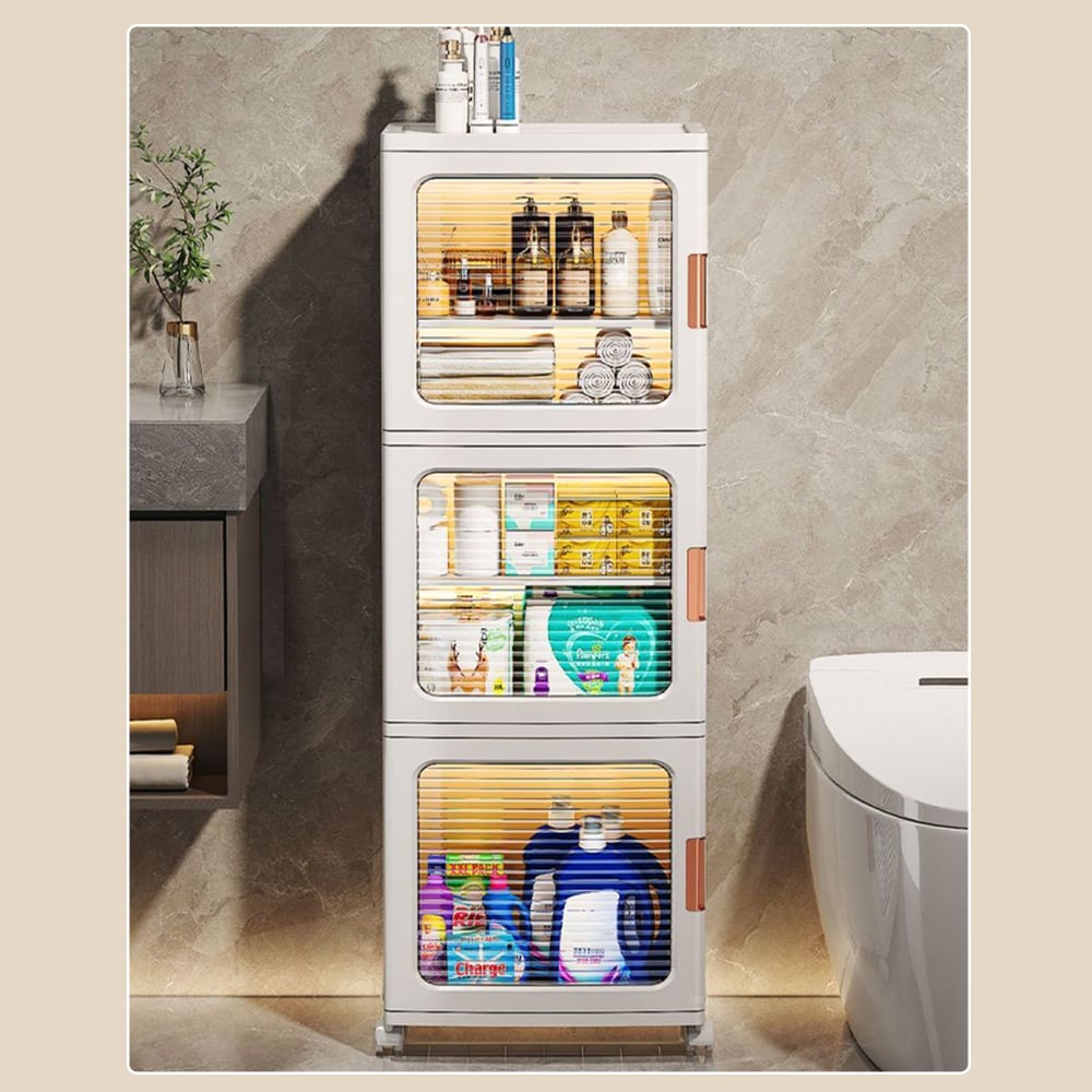 HMR - 3 Tiered White Bathroom Storage Cabinet Freestanding with 3 Shelves & Doors
