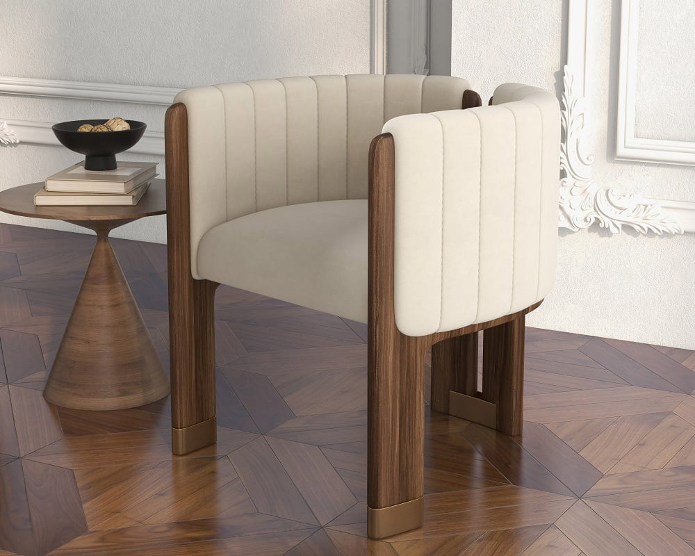 HMR Velvet Fluted Upholstered Accent Chair with Wood Frame (Set of 2) - Beige
