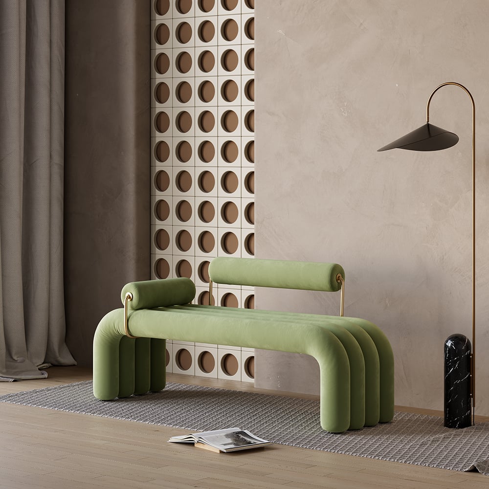 HMR Modern Line Tufted Bench Velvet Upholstered Entryway Bench in Gold Finish - Green