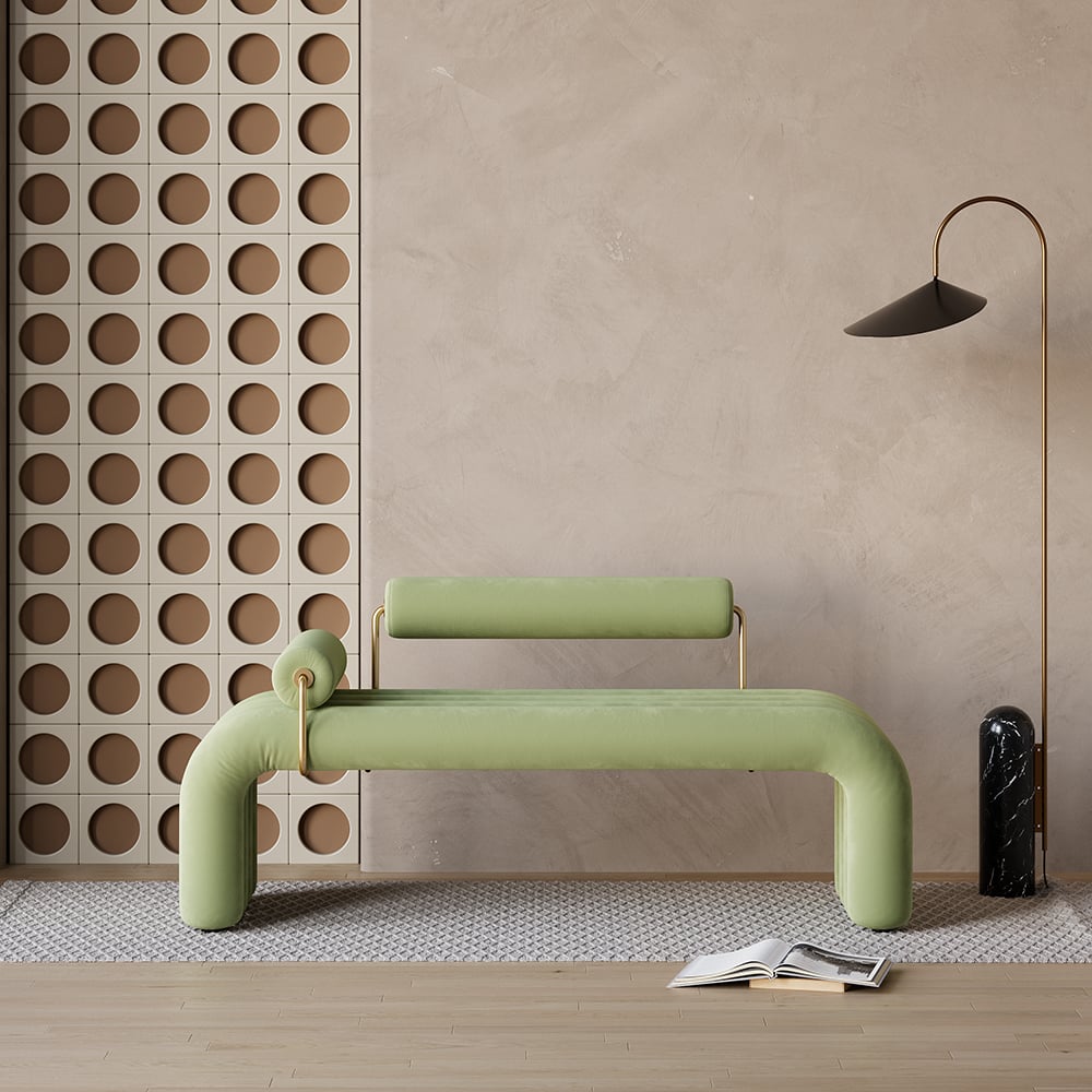 HMR Modern Line Tufted Bench Velvet Upholstered Entryway Bench in Gold Finish - Green