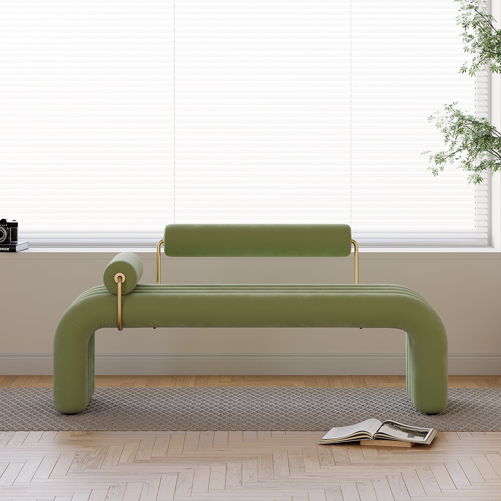 HMR Modern Line Tufted Bench Velvet Upholstered Entryway Bench in Gold Finish - Green