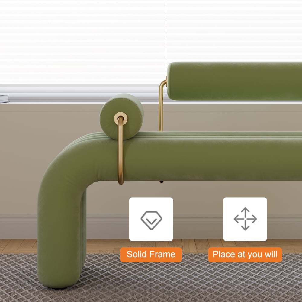HMR Modern Line Tufted Bench Velvet Upholstered Entryway Bench in Gold Finish - Green