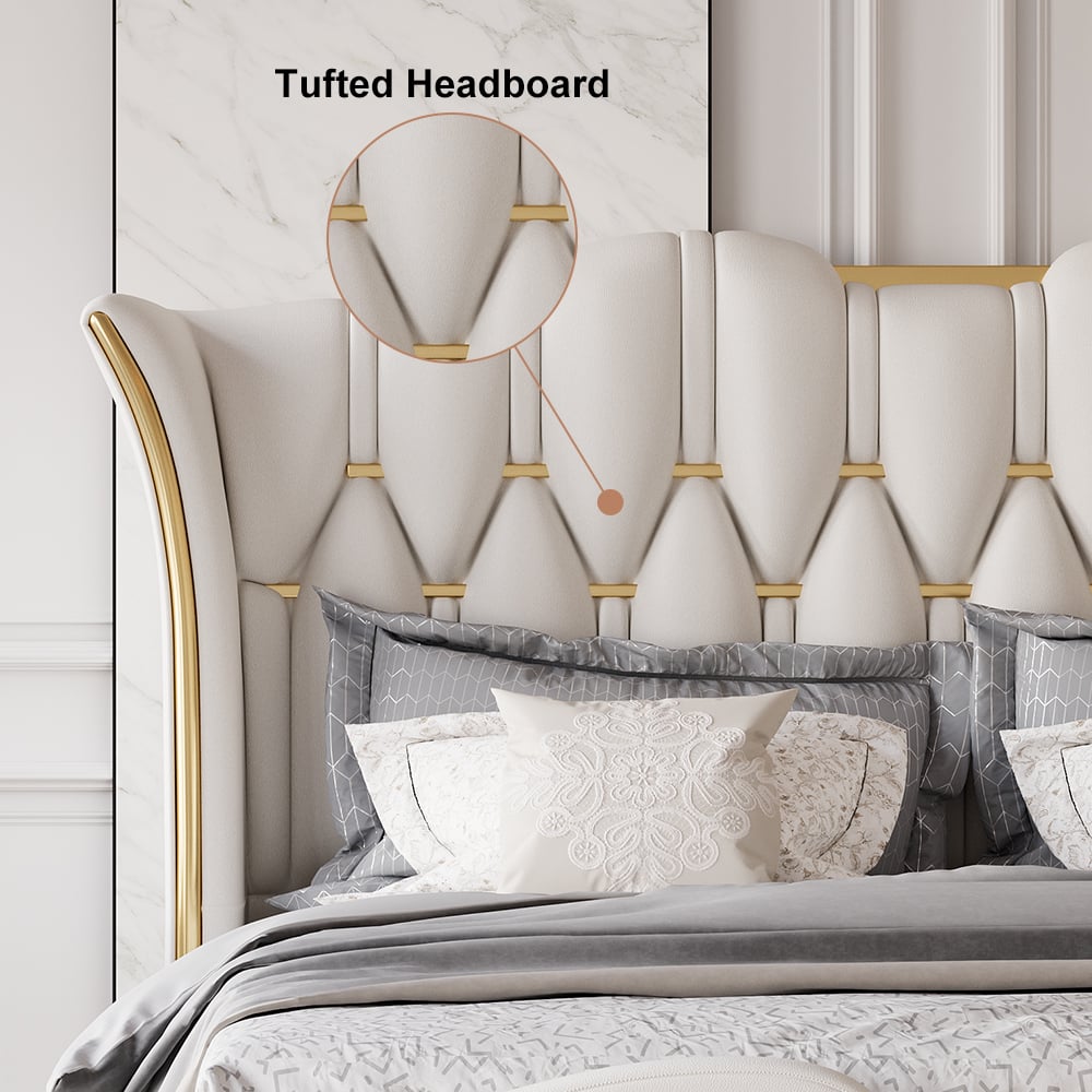 HMR Luxury Upholstered Bed Frame with Tufted Wingback Headboard - Off-White, King Size