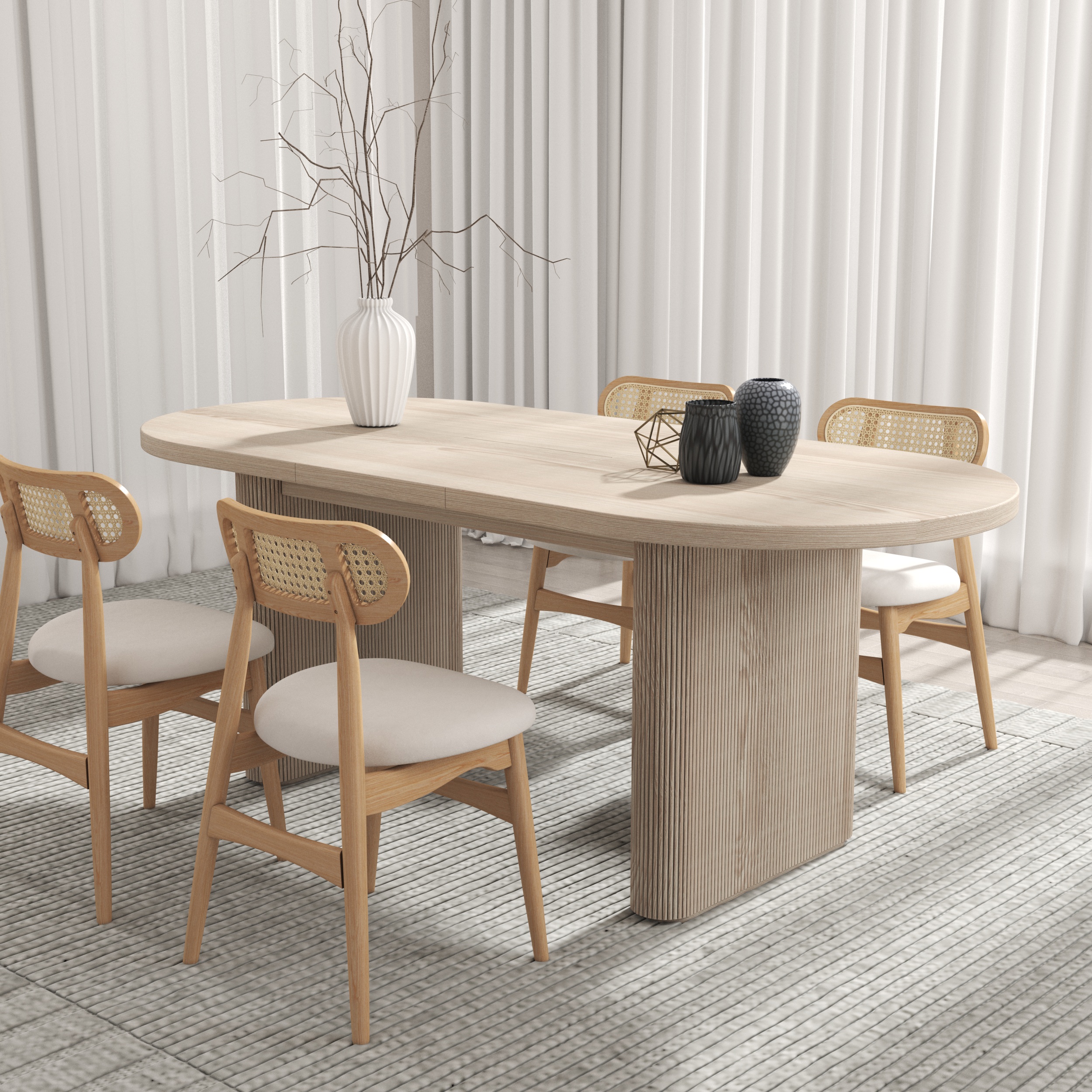 HMR Dining Set 63"-79" Japandi Oval Extendable Dining Table Whitewash with Chairs - White, With 4 Chairs, Style C