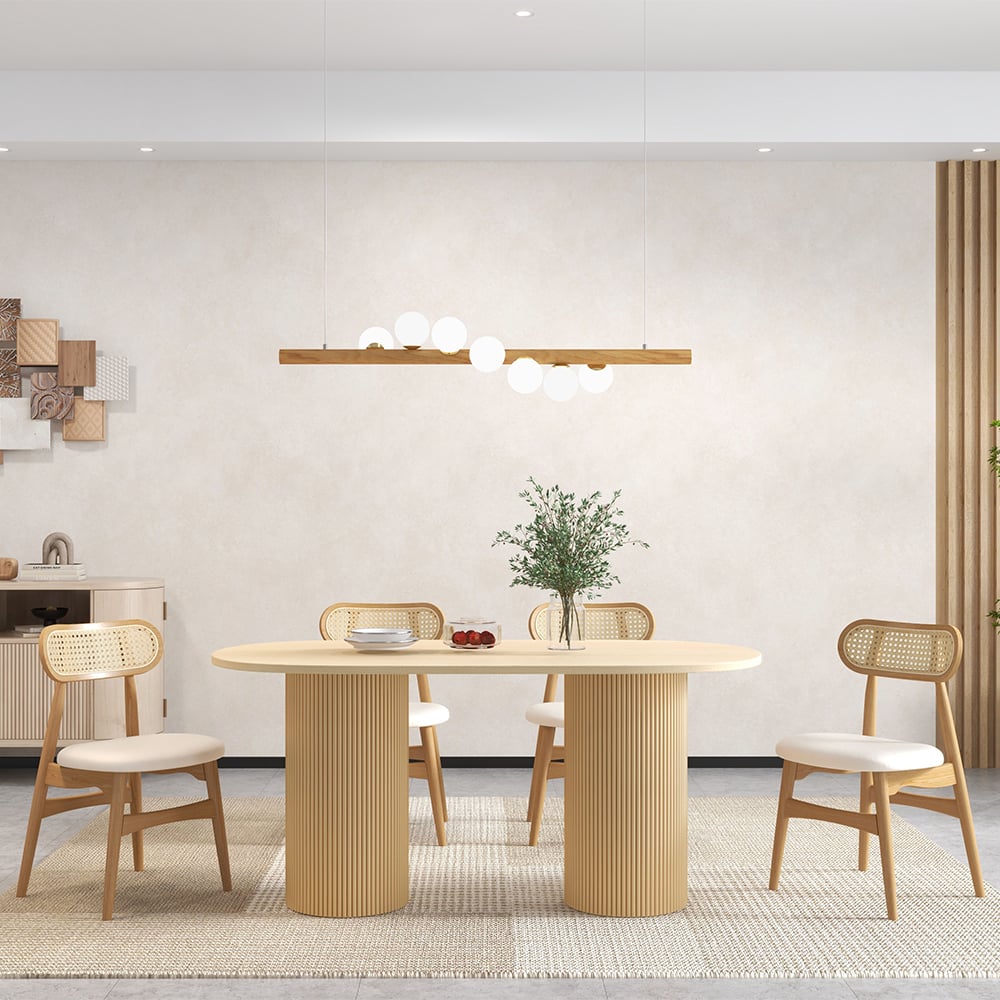 HMR Japandi Modern Wood Dining Chair with Faux Leather Upholstery - Natural, Set of 6