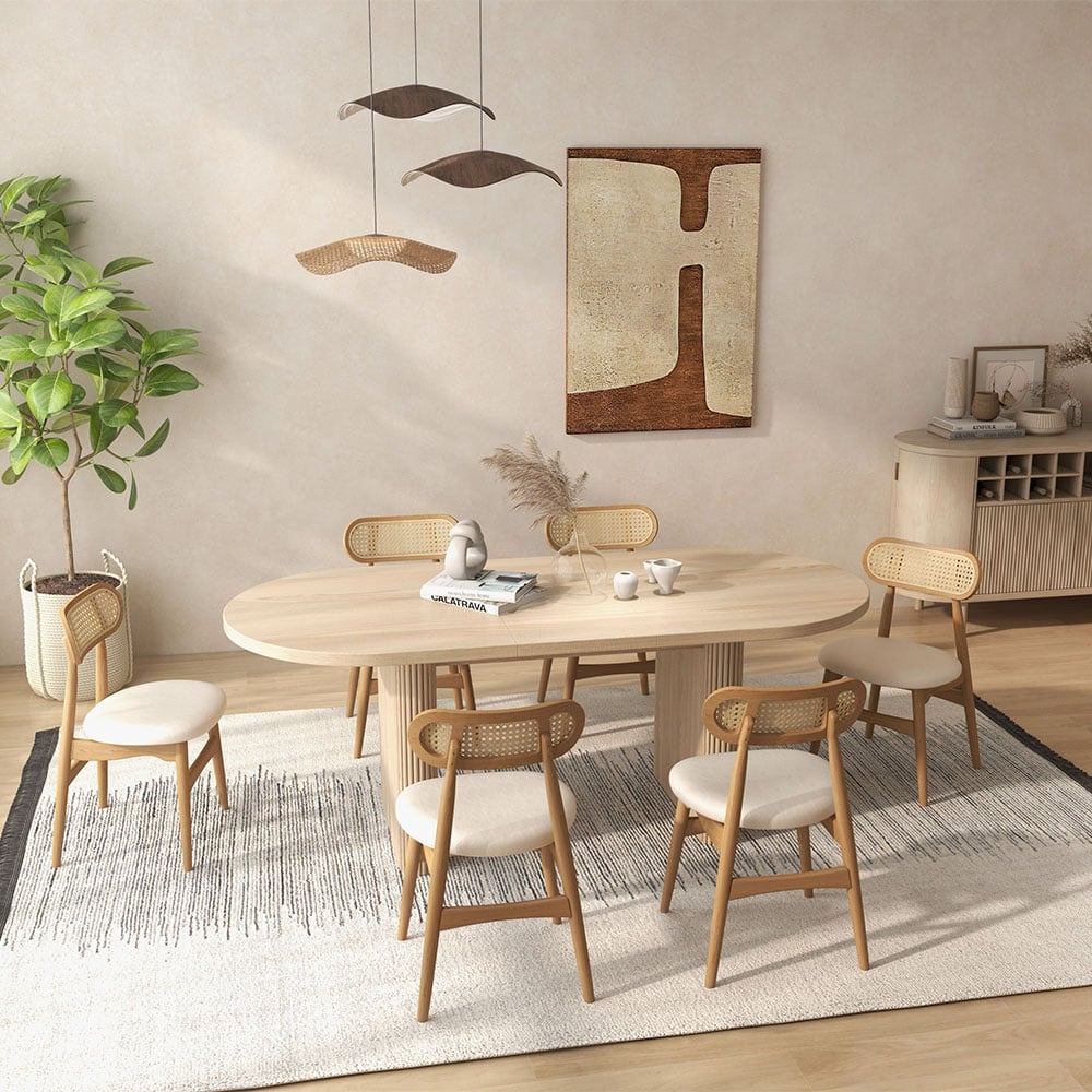 HMR Japandi Modern Wood Dining Chair with Faux Leather Upholstery - Natural, Set of 6