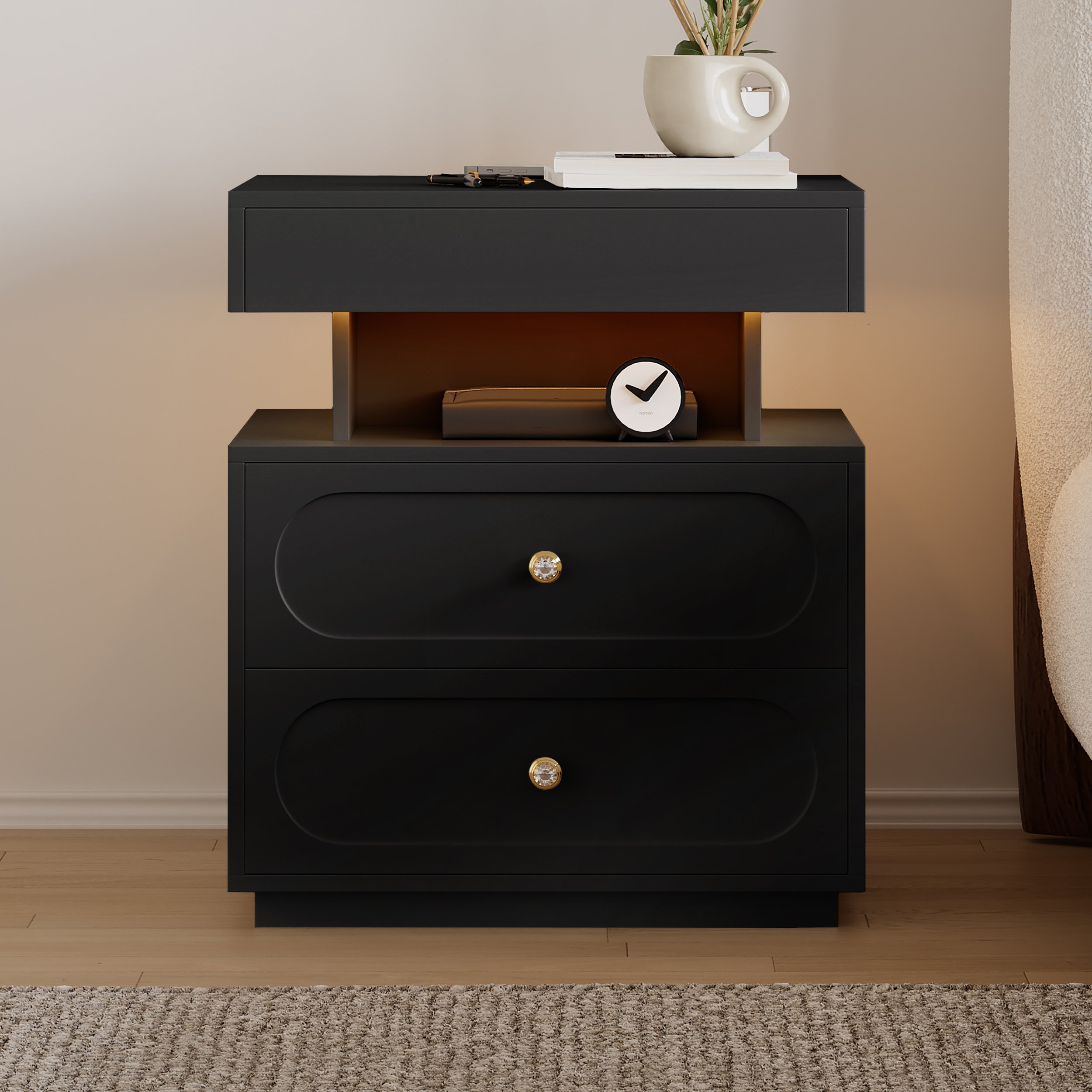 HMR Floating 3-Drawer LED Smart Nightstand with Light - Black, Single