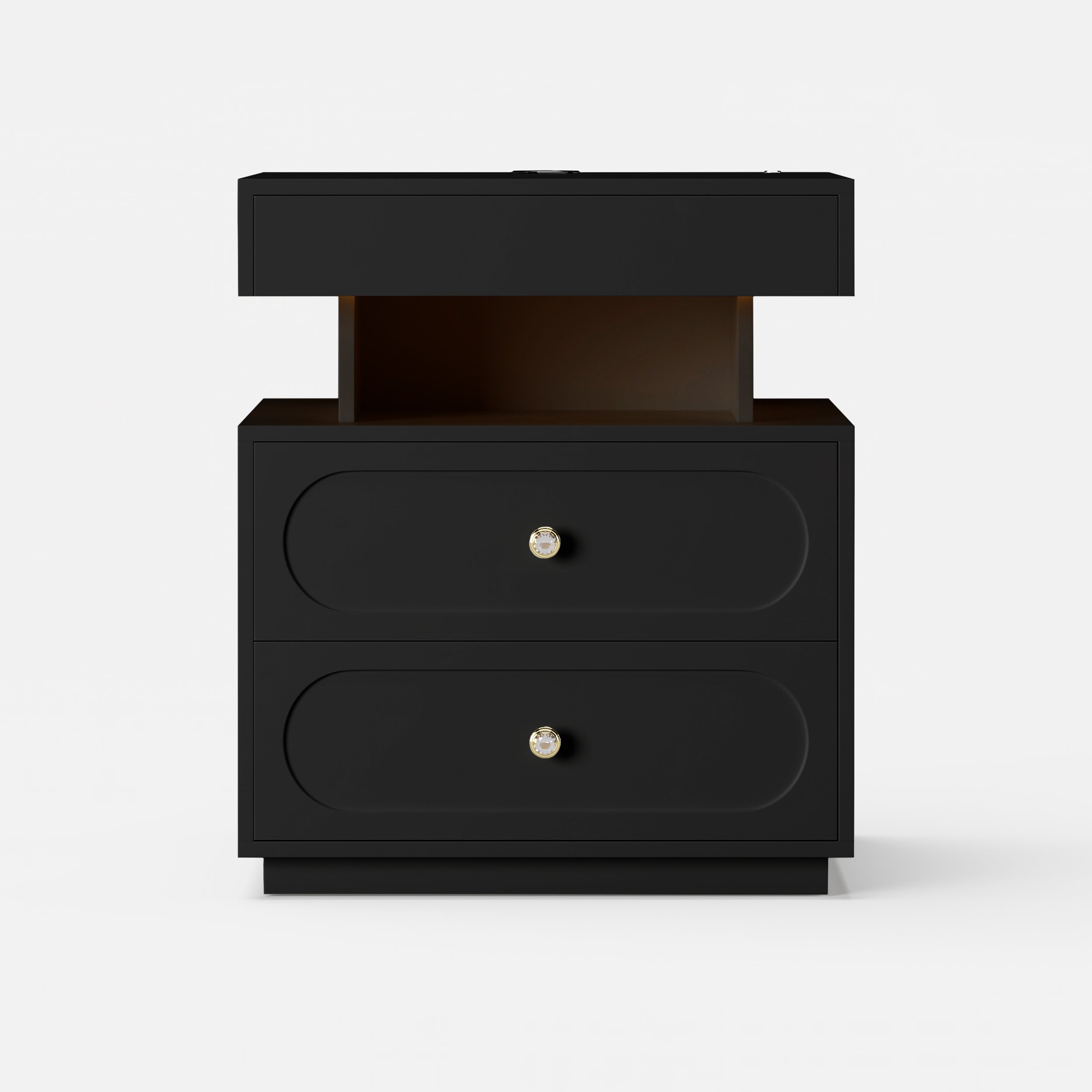 HMR Floating 3-Drawer LED Smart Nightstand with Light - Black, Single