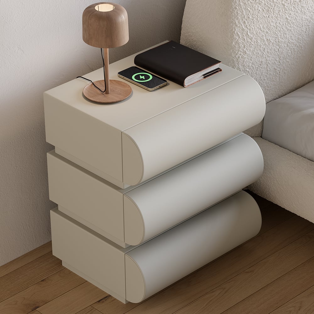 HMR Humply Modern Leather Smart Nightstand with Wireless Charger Drawers - Light Gray, 3-Drawer, Set Of 2