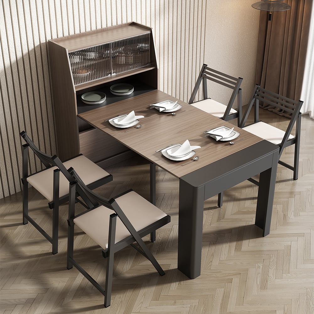HMR 70.9" Farmhouse Extendable Dining Table with Storage Sideboard Seats 4-6 People - Walnut & Gray