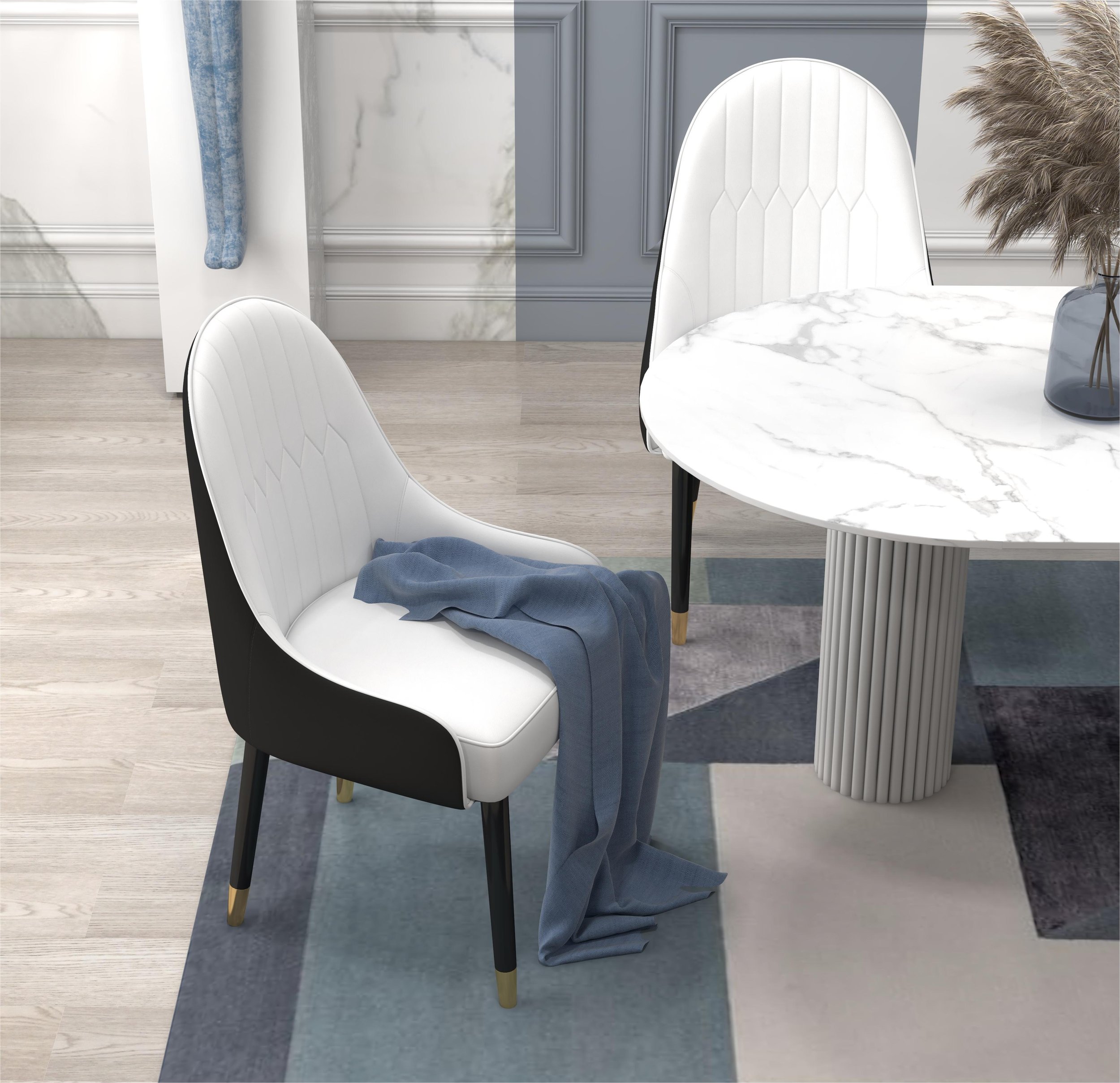 HMR Darg Series Modern PU Leather Upholstery Dining Chairs - White/Black, Set of 8