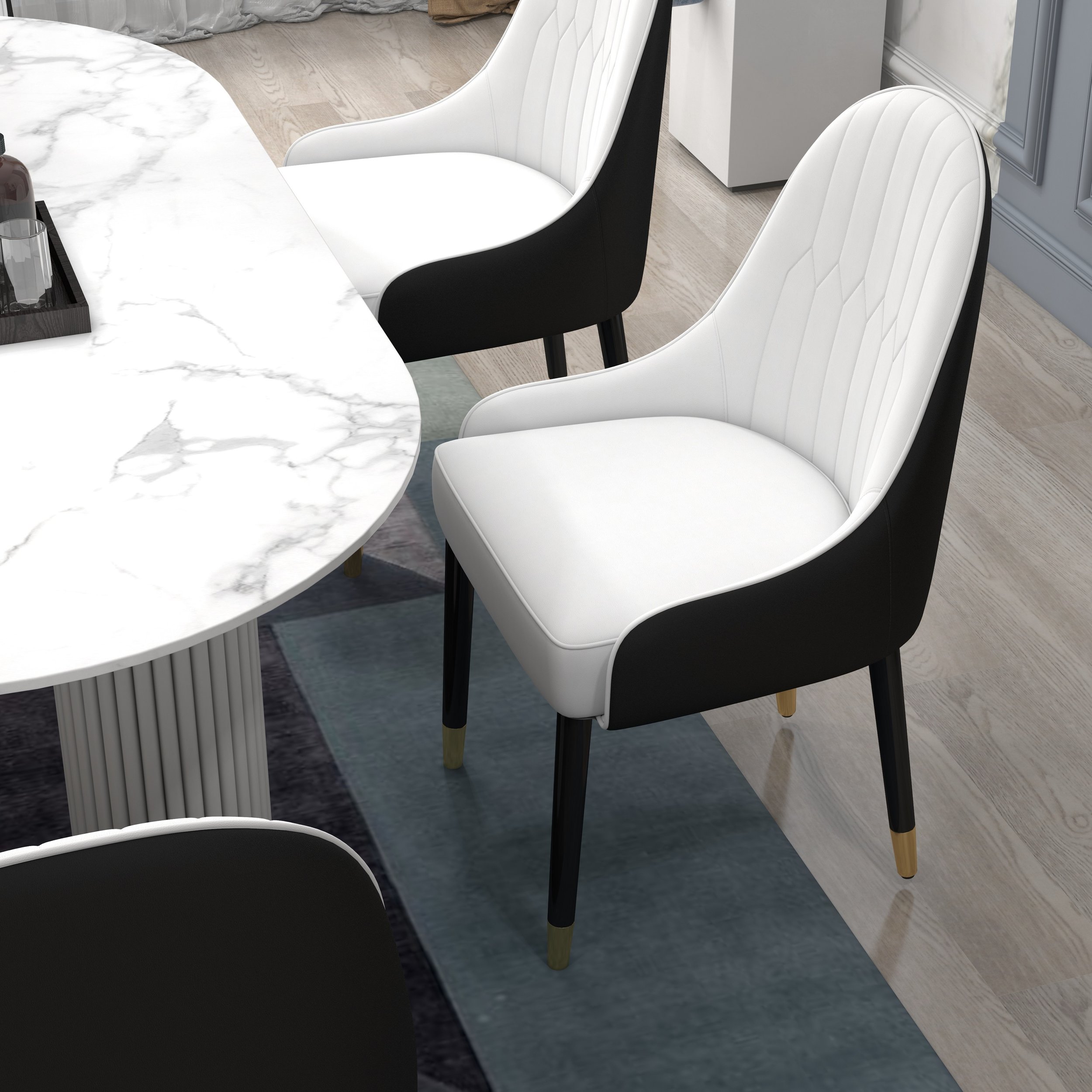 HMR Darg Series Modern PU Leather Upholstery Dining Chairs - White/Black, Set of 8