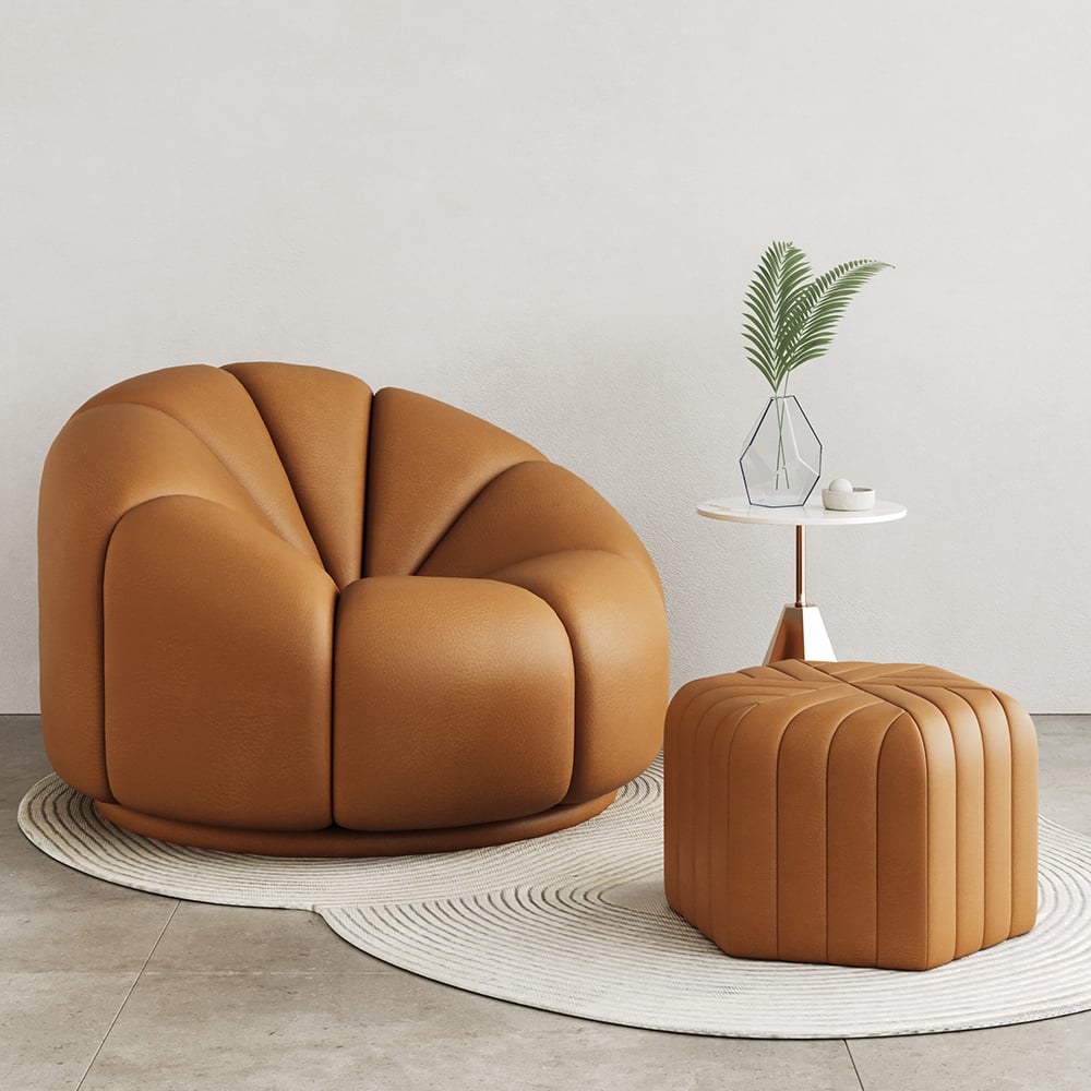 HMR Wide Hexagonal Pouf Ottoman - Brown, Velvet