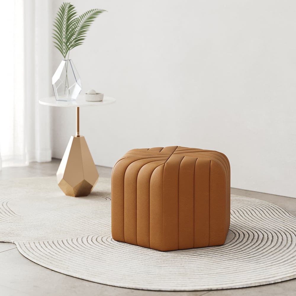 HMR Wide Hexagonal Pouf Ottoman - Brown, Velvet