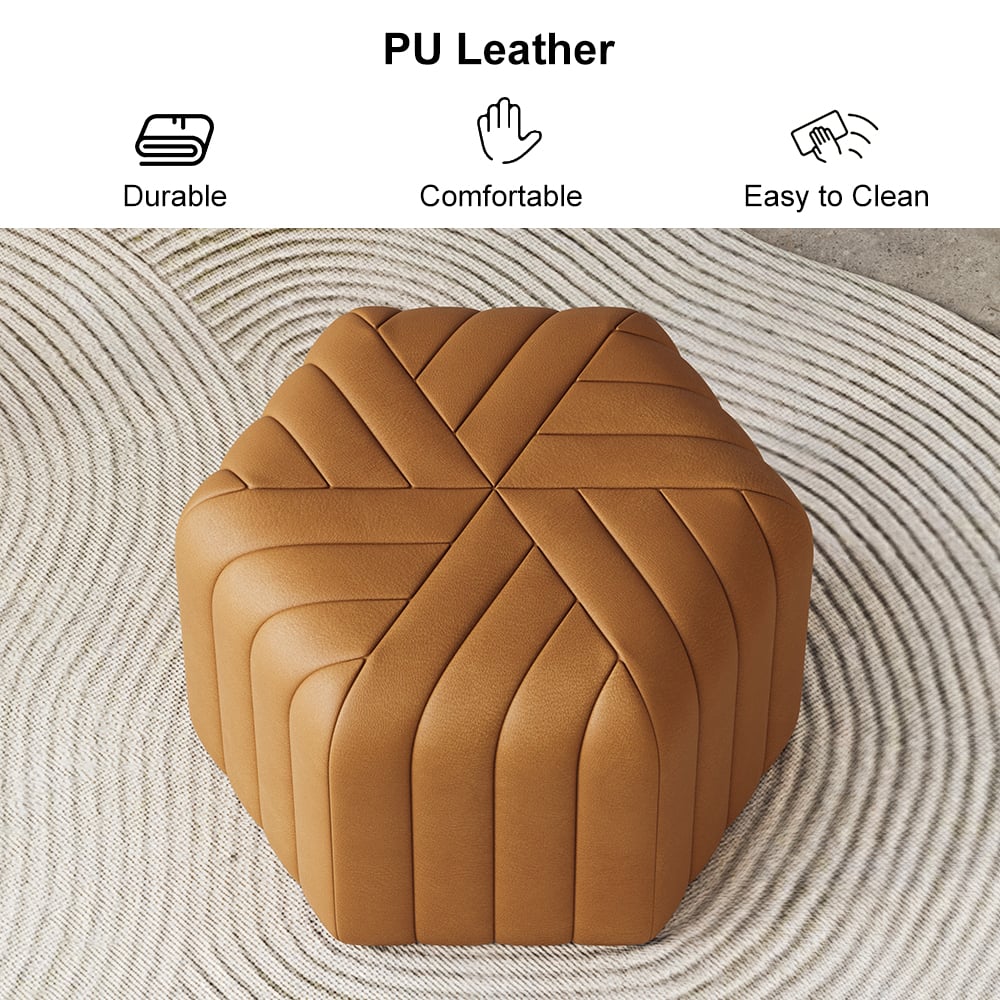 HMR Wide Hexagonal Pouf Ottoman - Brown, Velvet