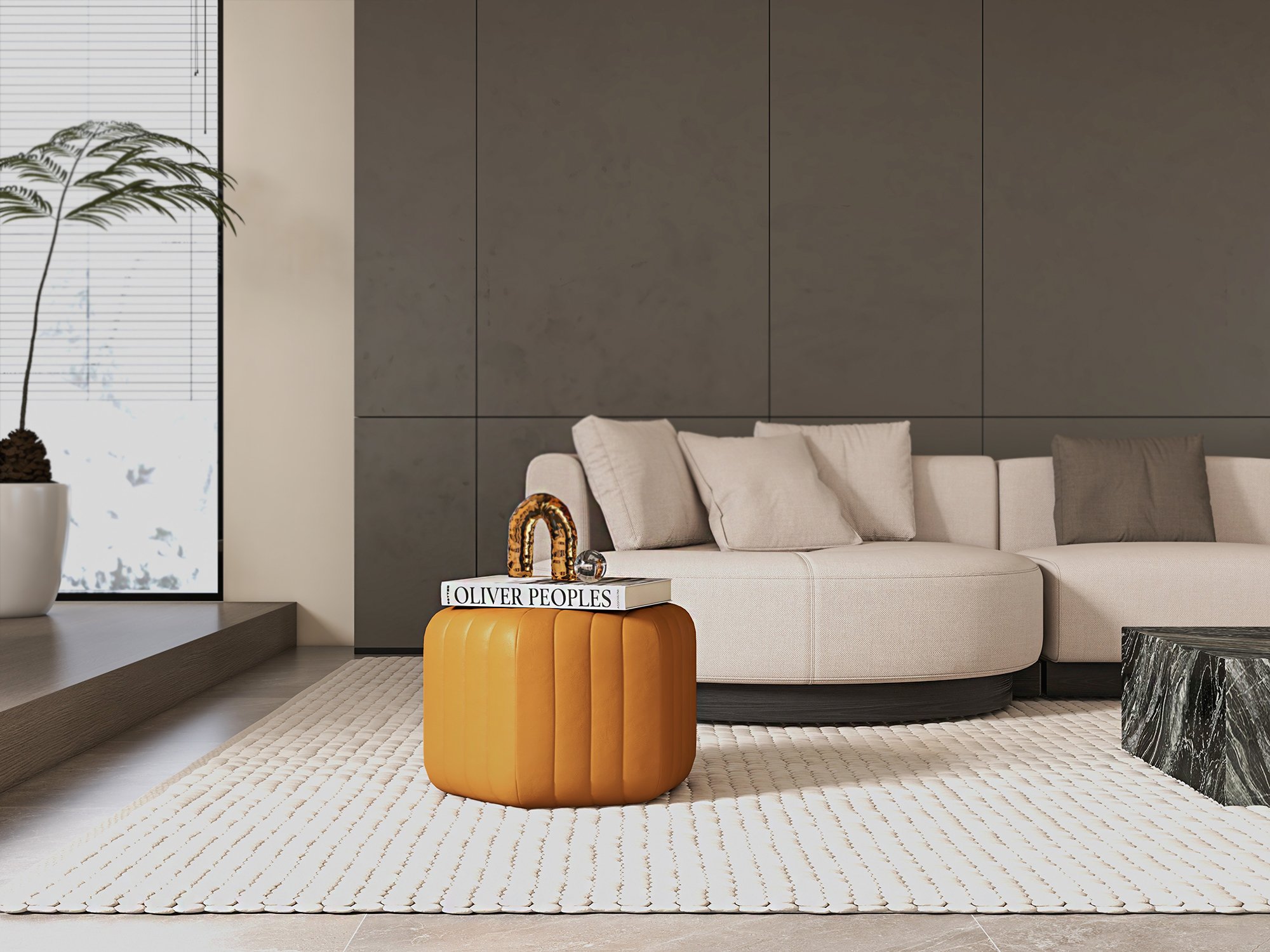 HMR Wide Hexagonal Pouf Ottoman - Brown, Velvet