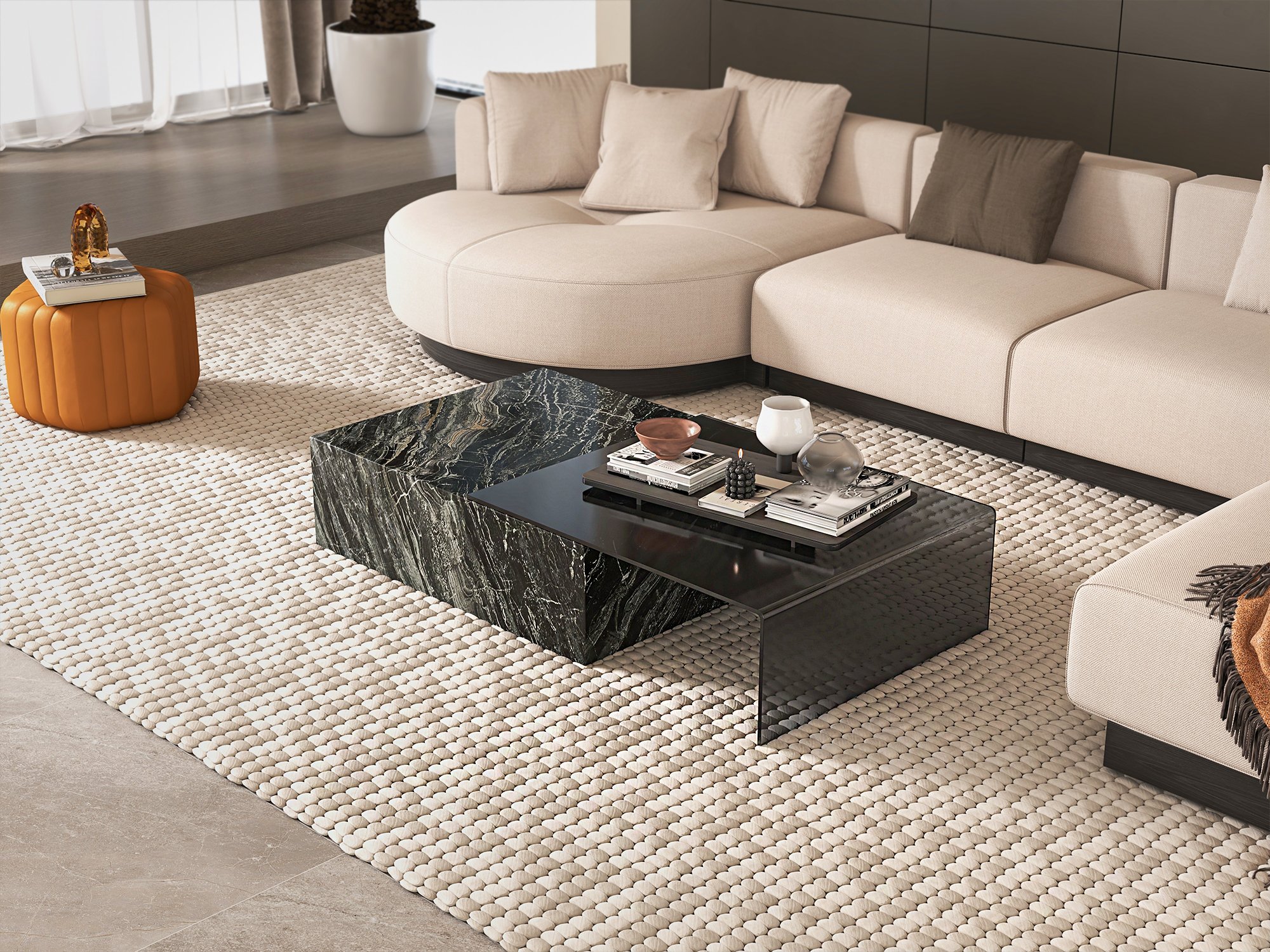 HMR Wide Hexagonal Pouf Ottoman - Brown, Velvet