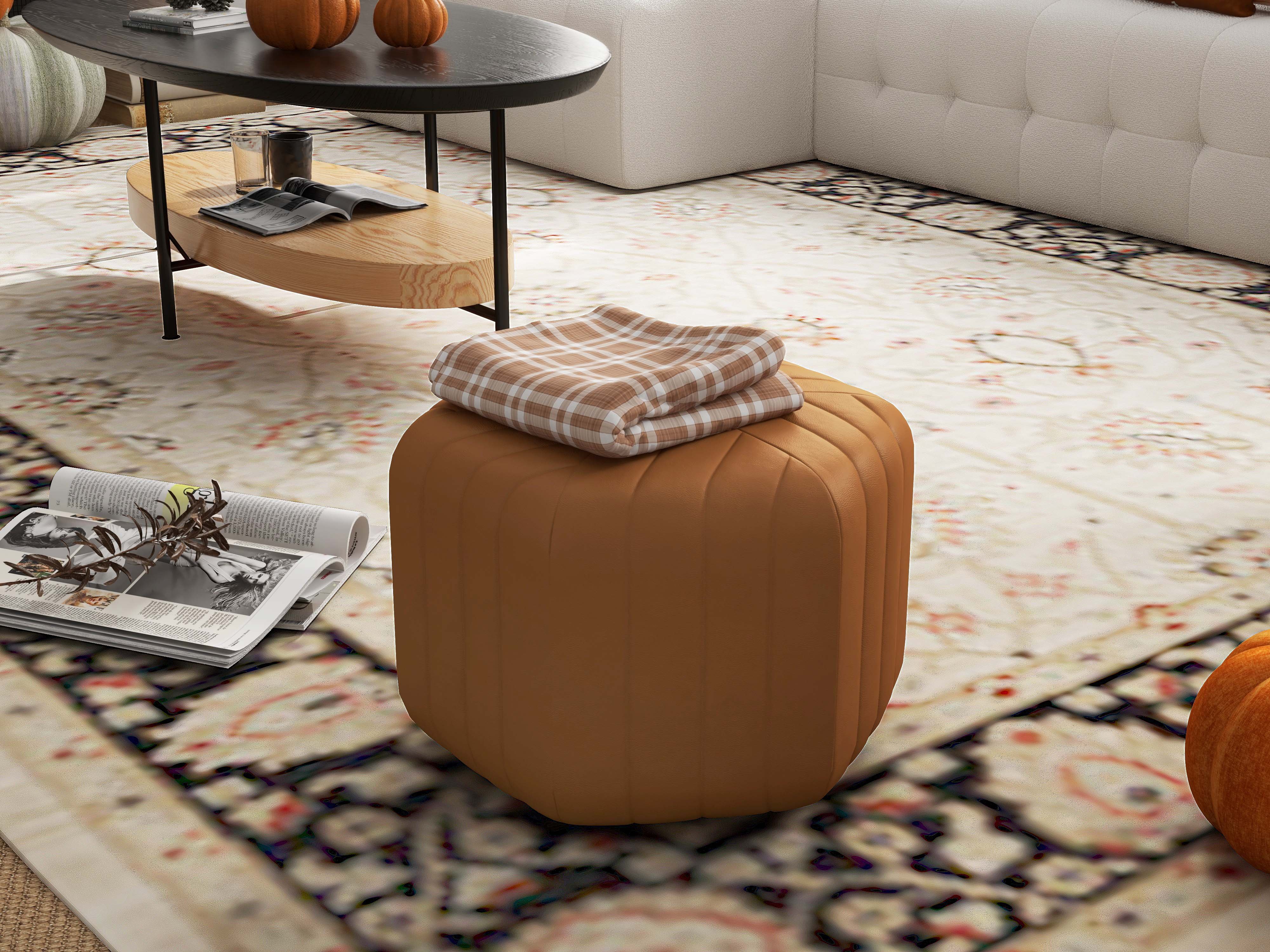 HMR Wide Hexagonal Pouf Ottoman - Brown, Velvet